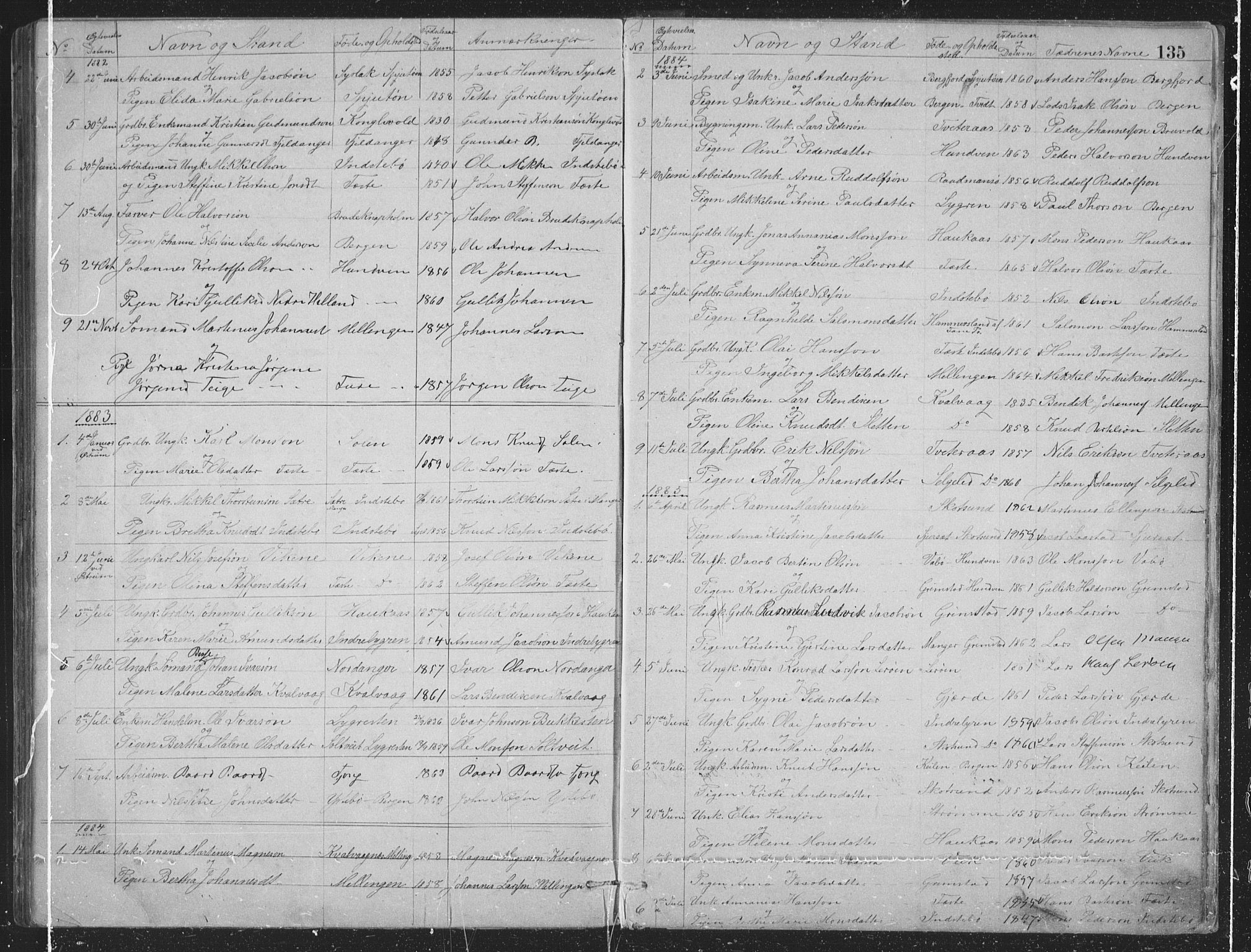 Alversund Sokneprestembete, AV/SAB-A-73901/H/Ha/Hab: Parish register (copy) no. B 3, 1881-1896, p. 135