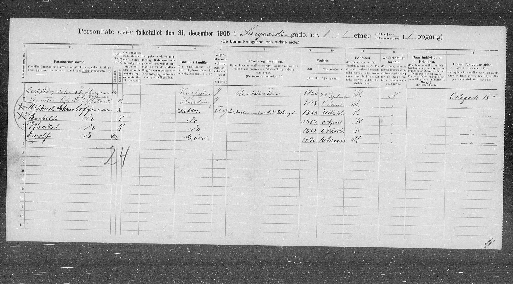 OBA, Municipal Census 1905 for Kristiania, 1905, p. 46434