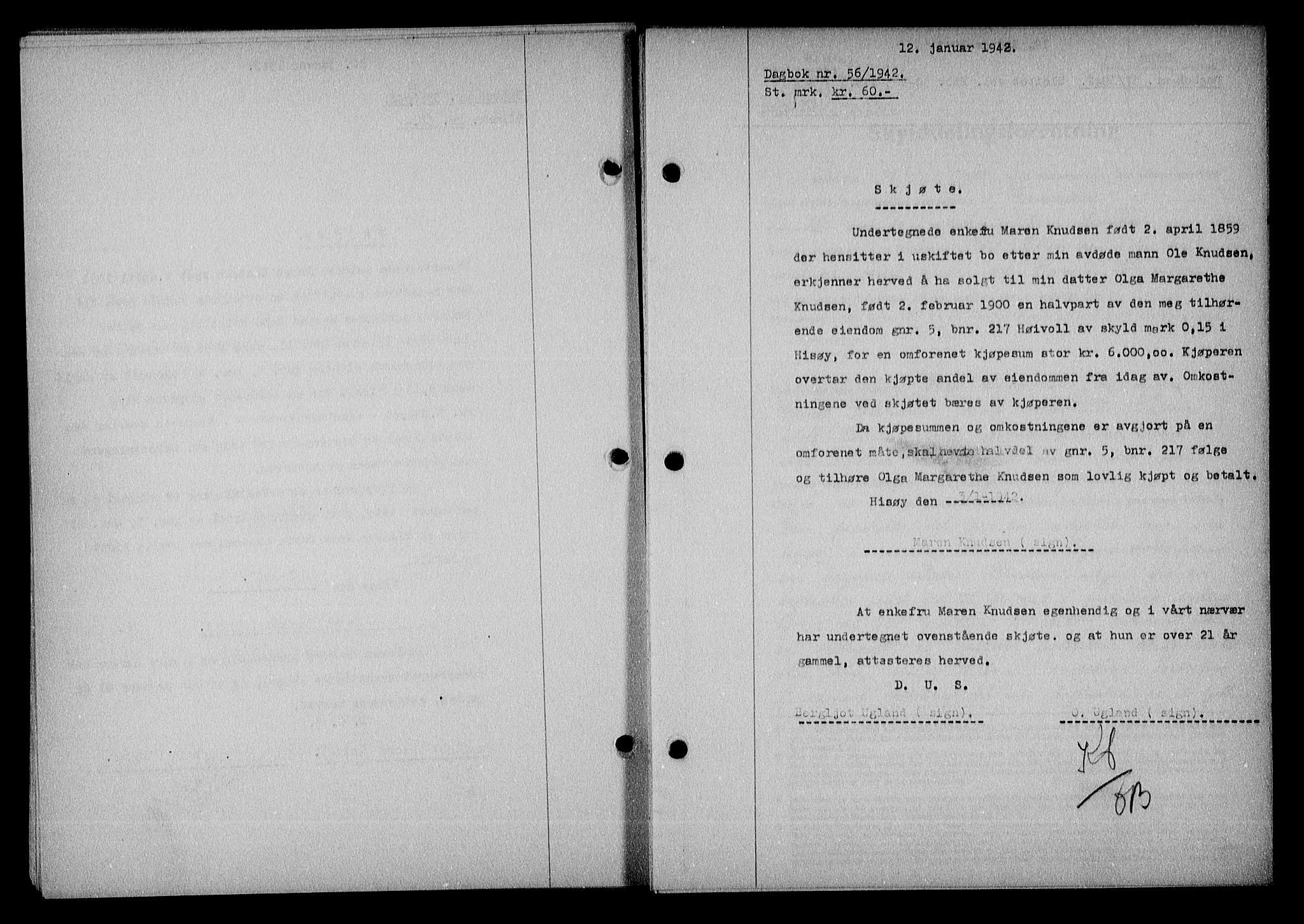 Nedenes sorenskriveri, SAK/1221-0006/G/Gb/Gba/L0049: Mortgage book no. A-III, 1941-1942, Diary no: : 56/1942