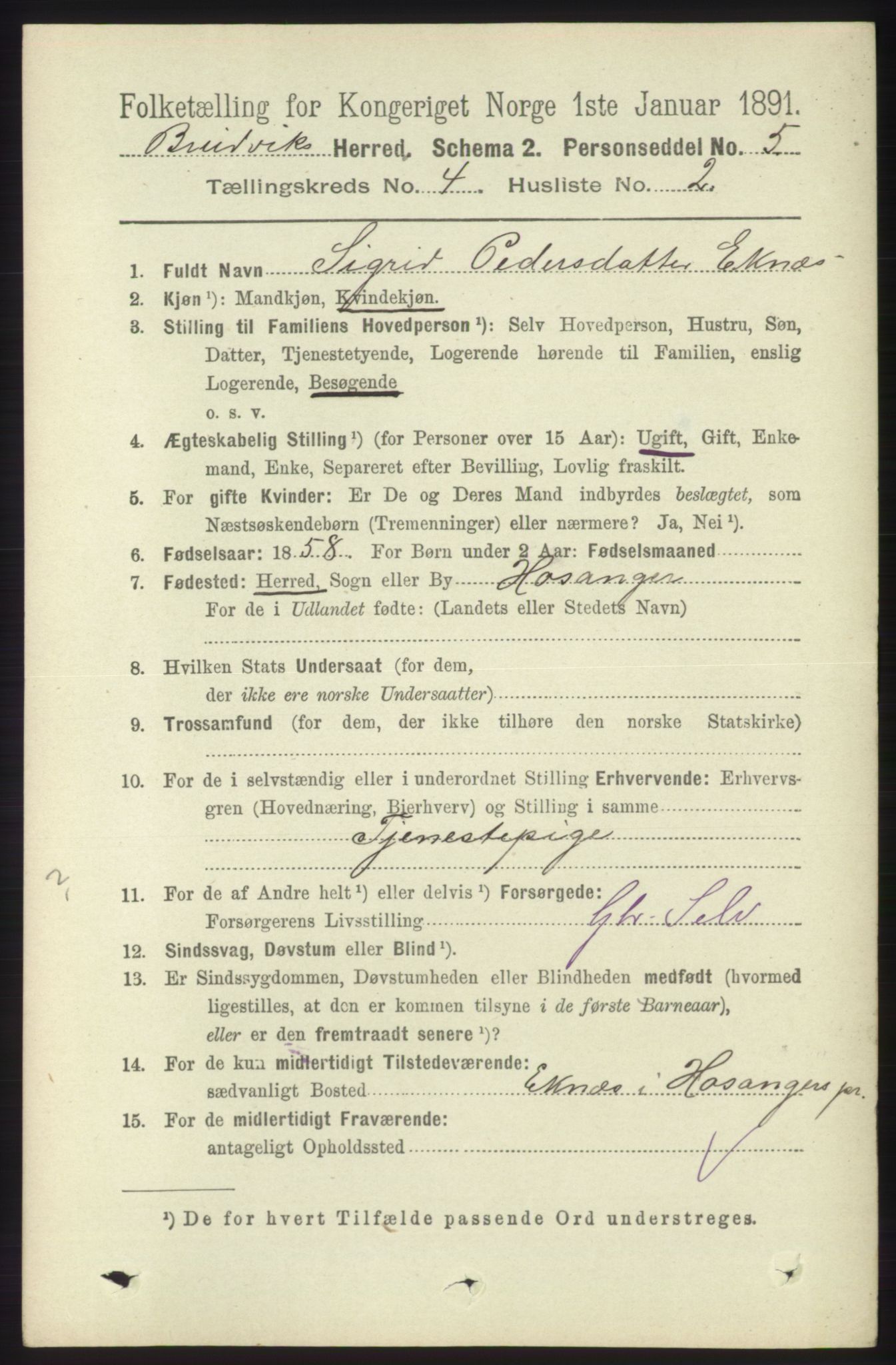 RA, 1891 census for 1251 Bruvik, 1891, p. 1016