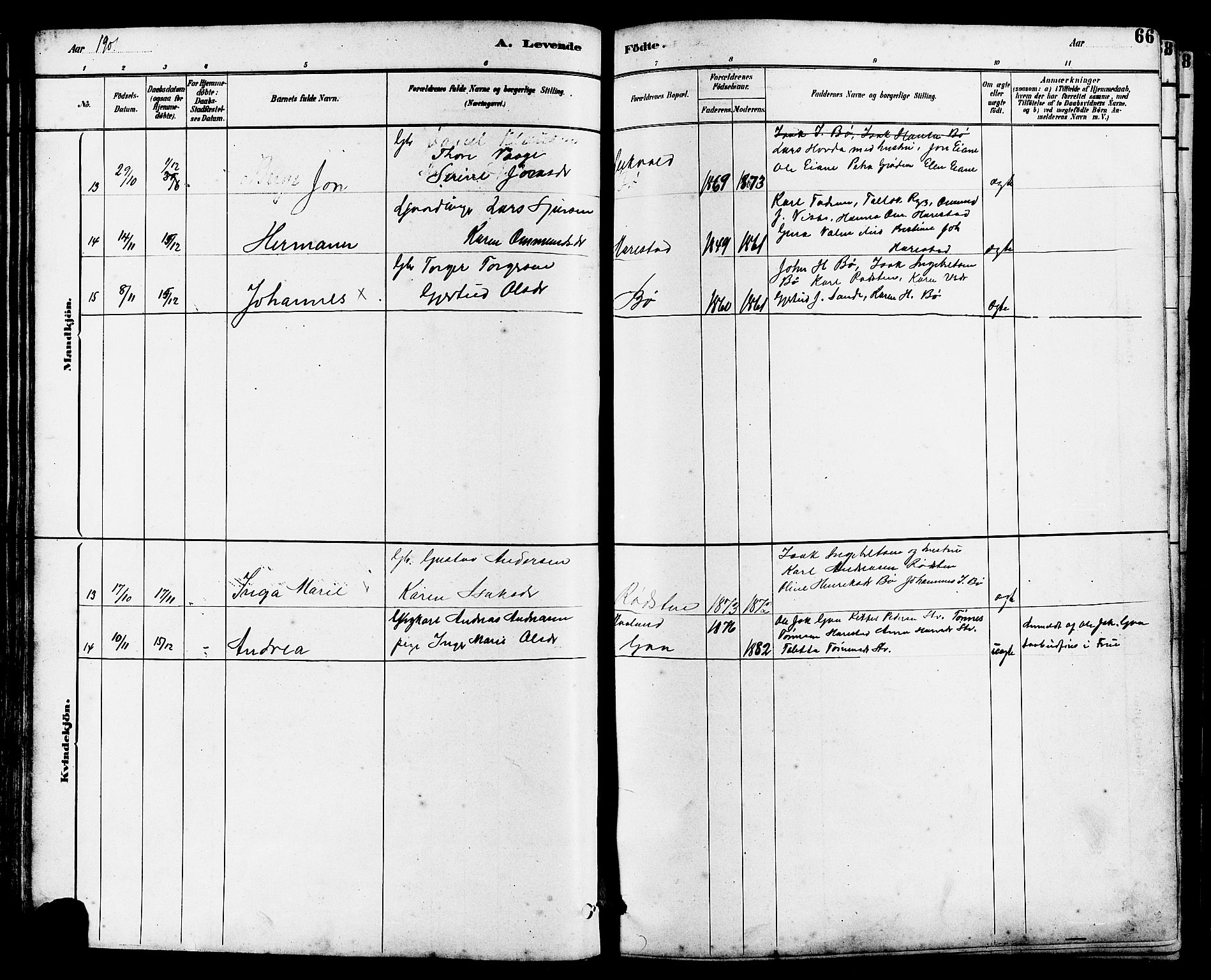 Hetland sokneprestkontor, SAST/A-101826/30/30BB/L0006: Parish register (copy) no. B 6, 1878-1921, p. 66