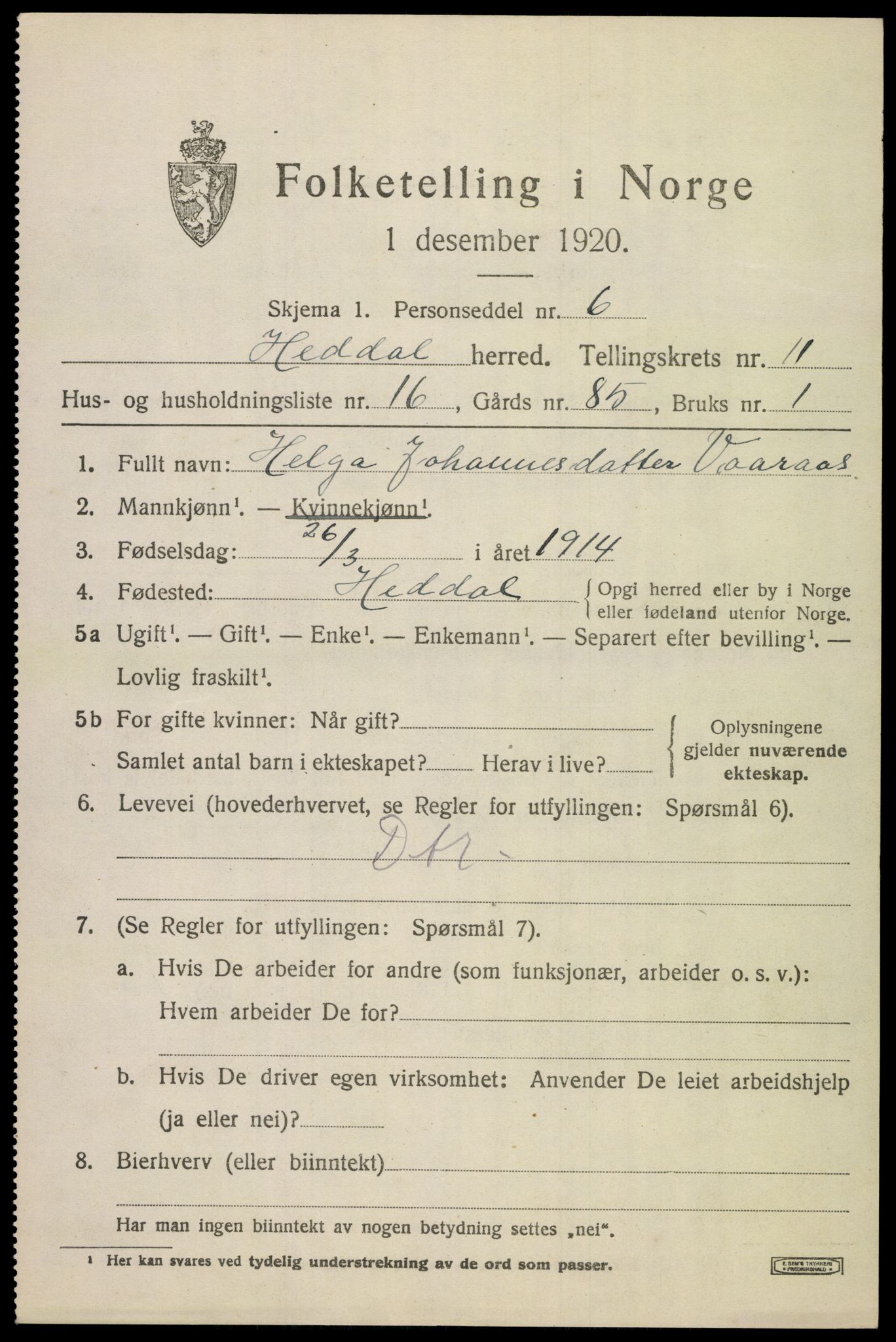 SAKO, 1920 census for Heddal, 1920, p. 7926