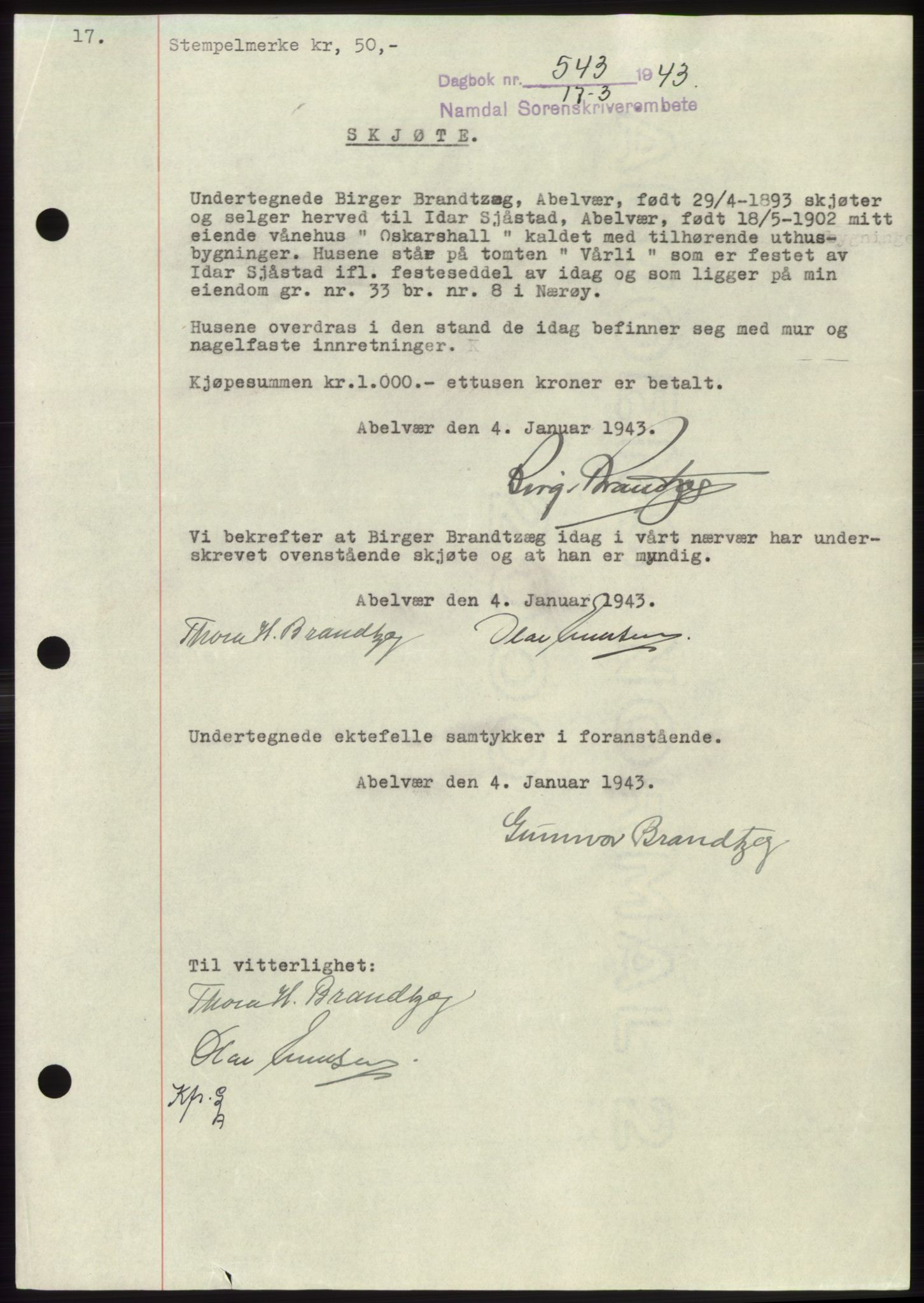 Namdal sorenskriveri, SAT/A-4133/1/2/2C: Mortgage book no. -, 1942-1943, Diary no: : 543/1943