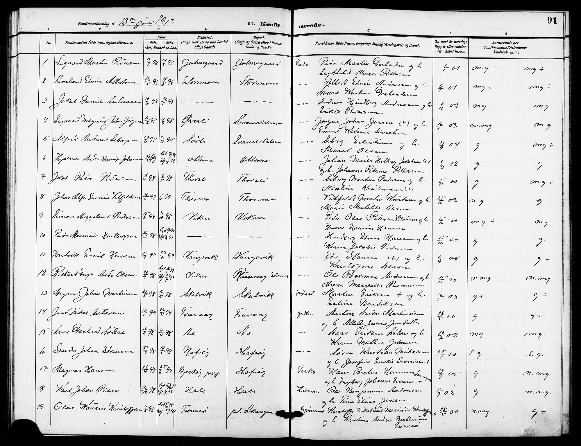 Tranøy sokneprestkontor, AV/SATØ-S-1313/I/Ia/Iab/L0005klokker: Parish register (copy) no. 5, 1902-1919, p. 91