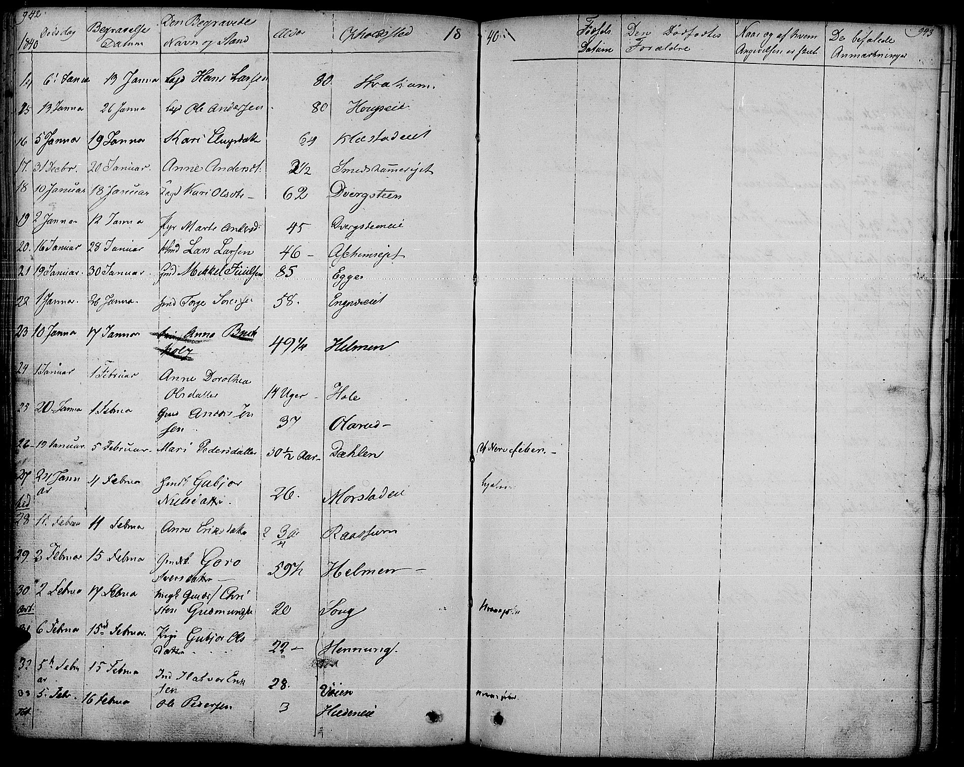 Gran prestekontor, SAH/PREST-112/H/Ha/Haa/L0010: Parish register (official) no. 10, 1824-1842, p. 942-943