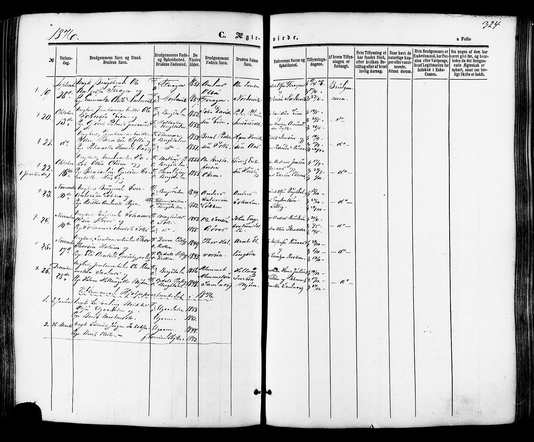 Ministerialprotokoller, klokkerbøker og fødselsregistre - Sør-Trøndelag, SAT/A-1456/681/L0932: Parish register (official) no. 681A10, 1860-1878, p. 324