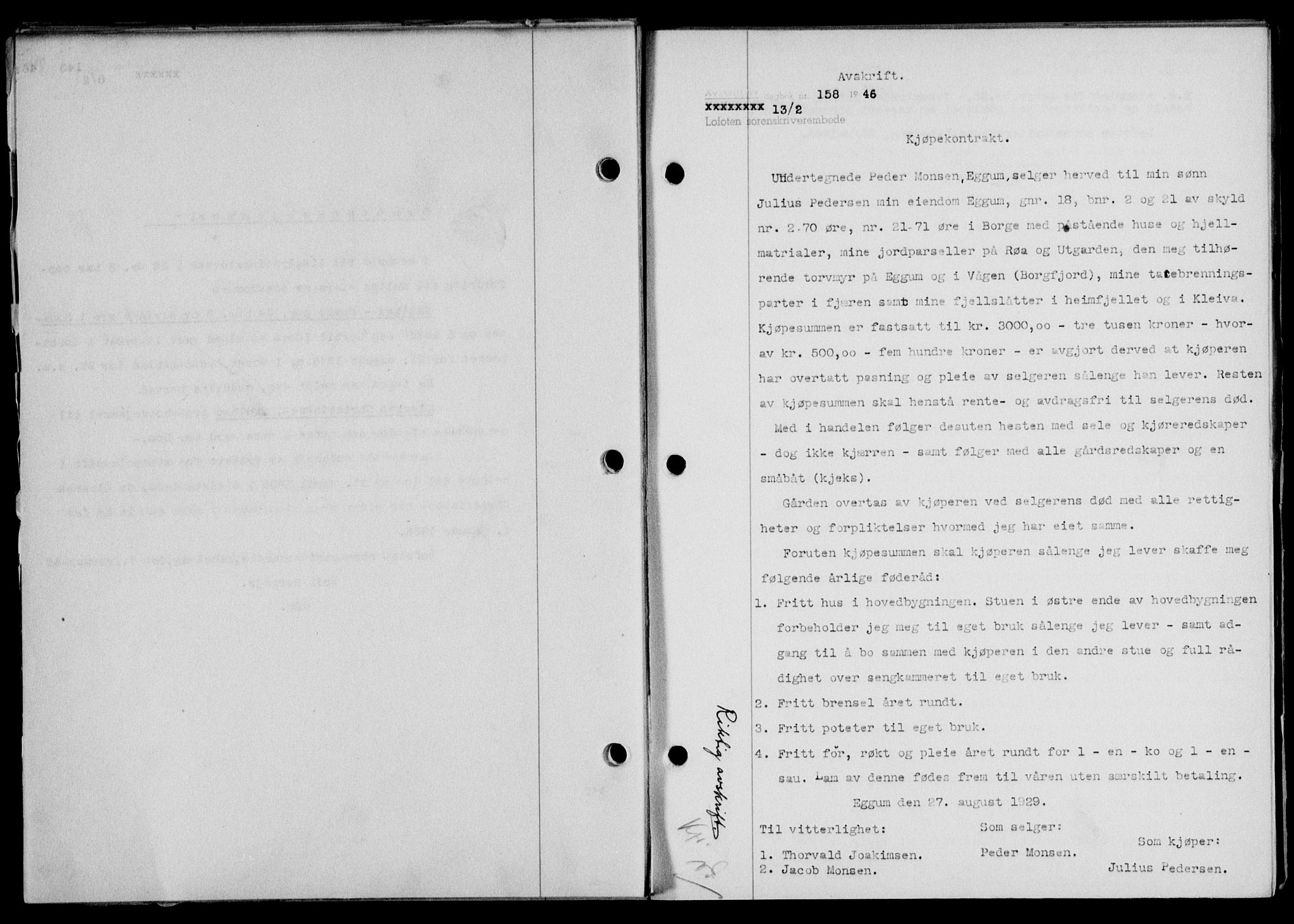Lofoten sorenskriveri, SAT/A-0017/1/2/2C/L0013a: Mortgage book no. 13a, 1944-1946, Diary no: : 158/1946