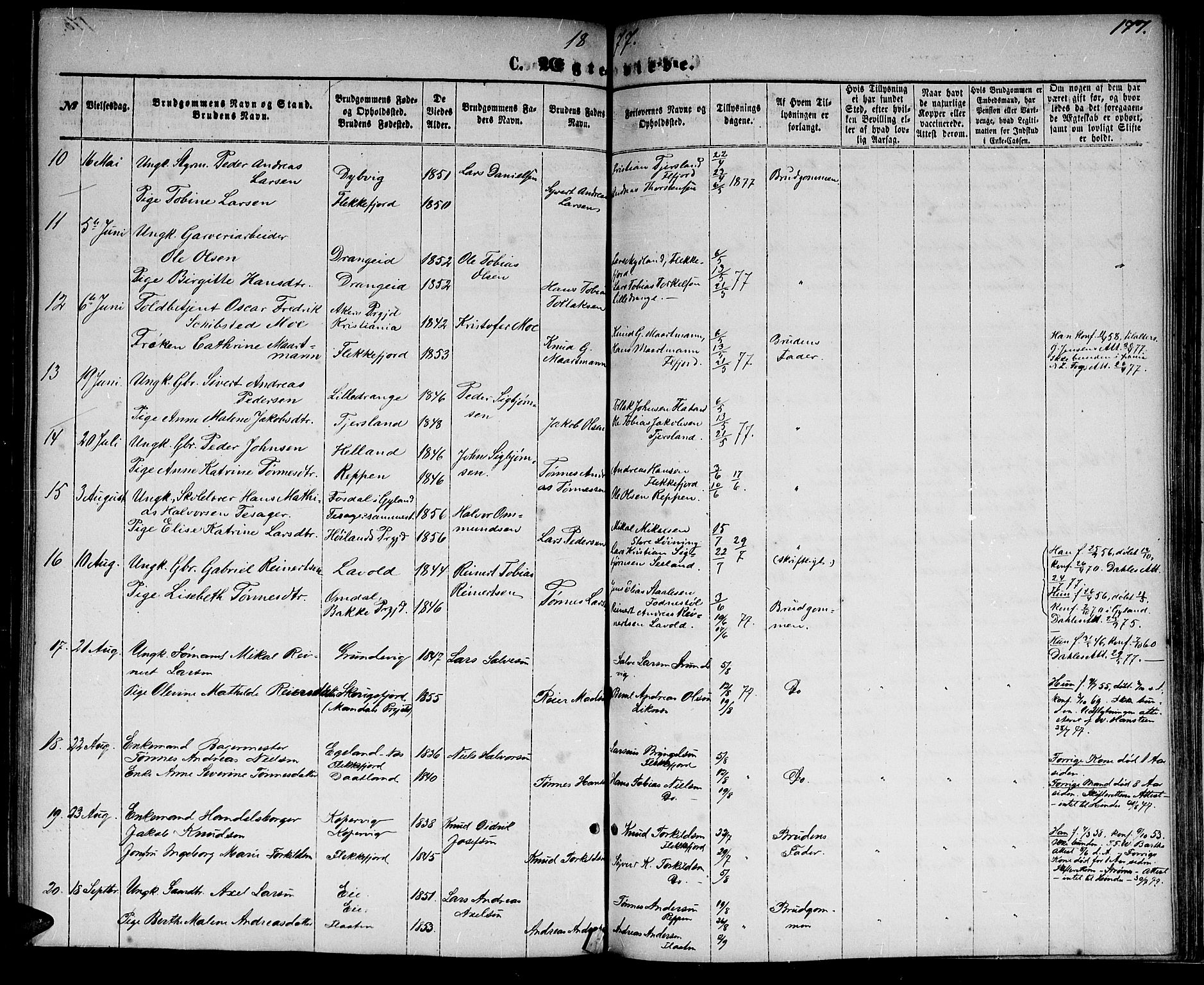 Flekkefjord sokneprestkontor, SAK/1111-0012/F/Fb/Fbc/L0006: Parish register (copy) no. B 6, 1866-1879, p. 177