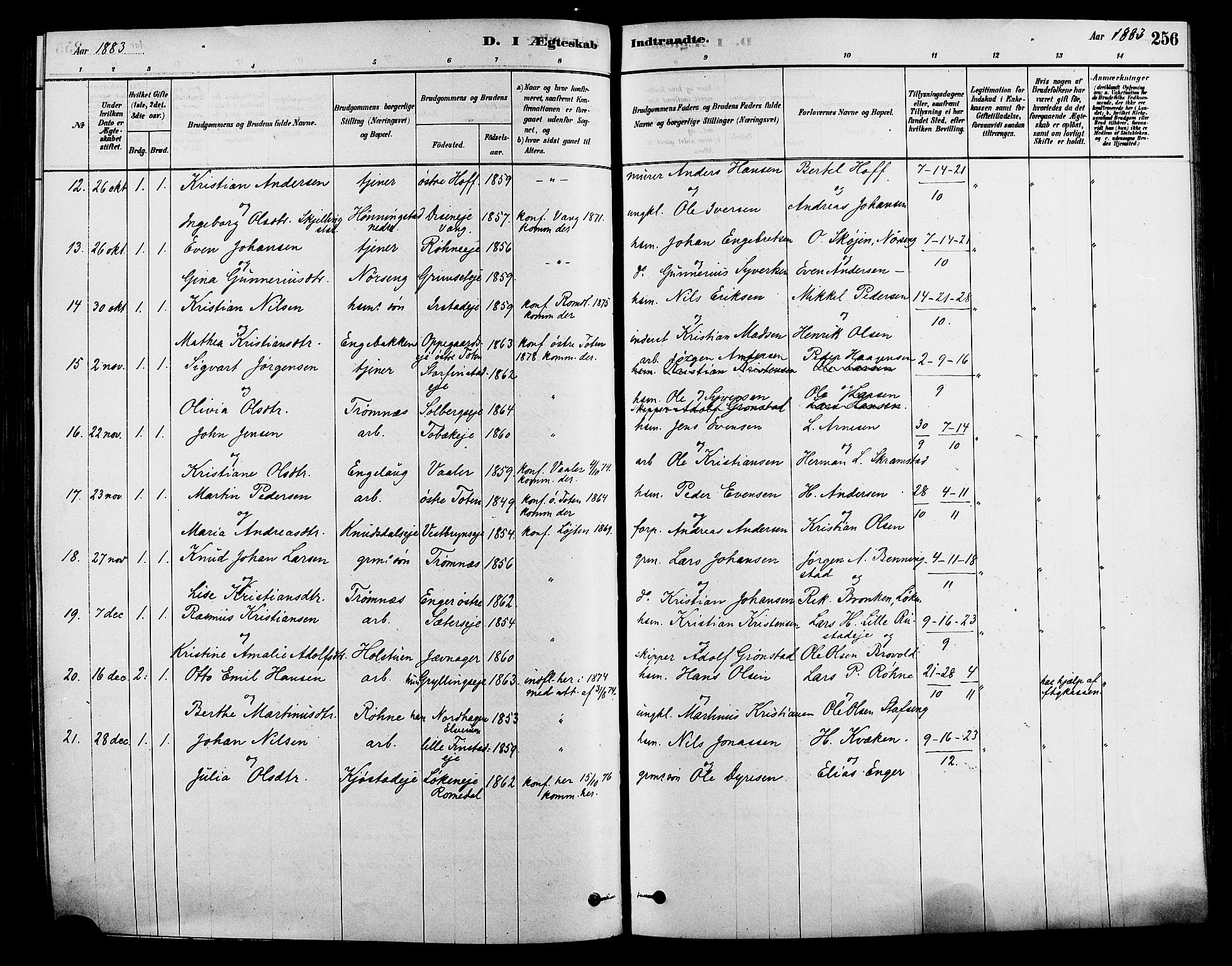 Løten prestekontor, SAH/PREST-022/K/Ka/L0009: Parish register (official) no. 9, 1878-1891, p. 256