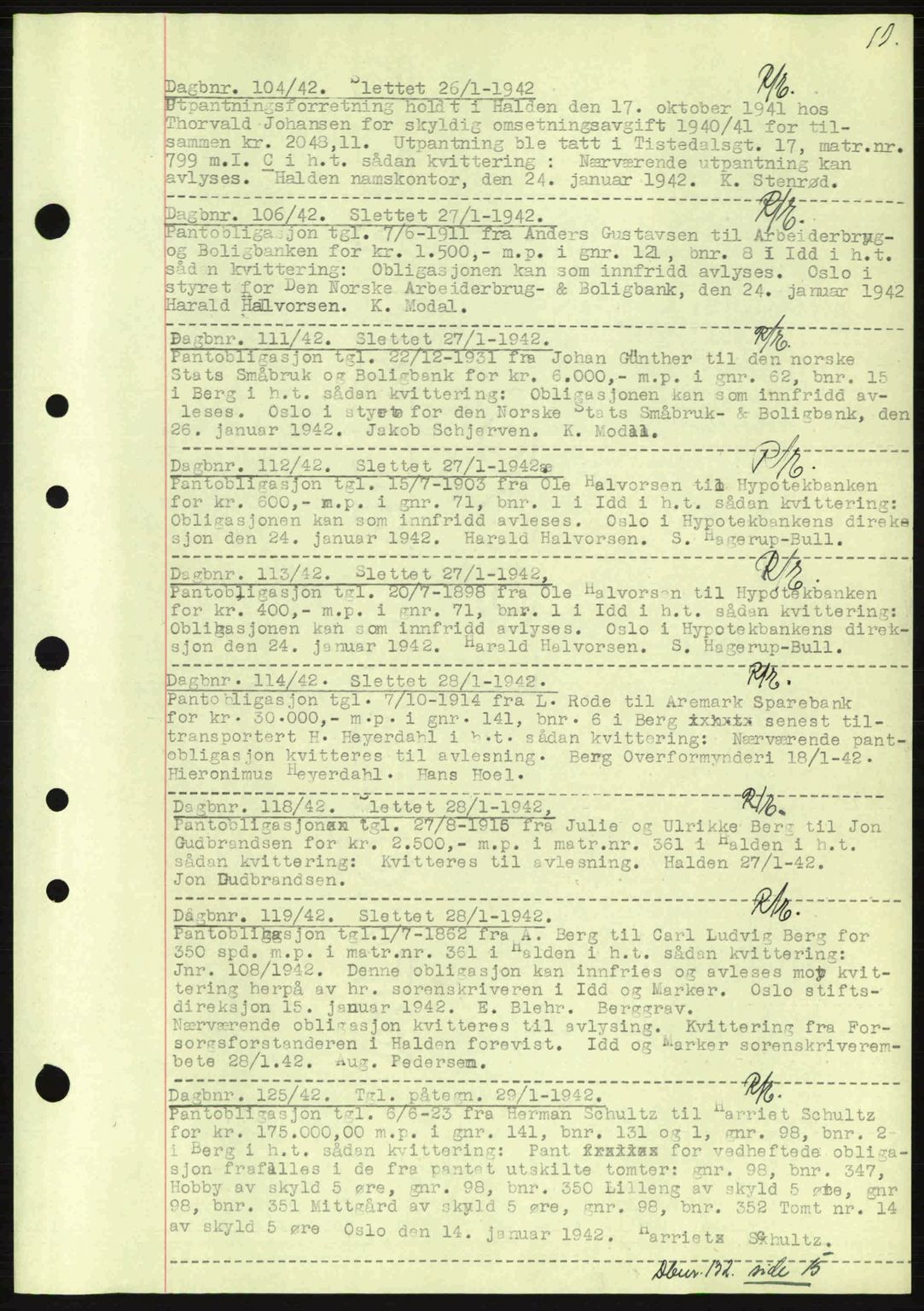 Idd og Marker sorenskriveri, AV/SAO-A-10283/G/Gb/Gbc/L0002: Mortgage book no. B4-9a, 1939-1945, Diary no: : 104/1942