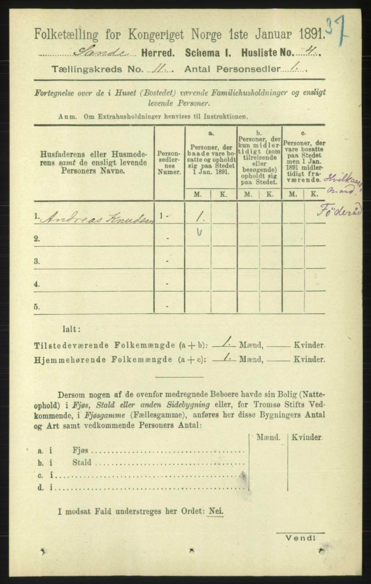 RA, 1891 census for 1514 Sande, 1891, p. 1922