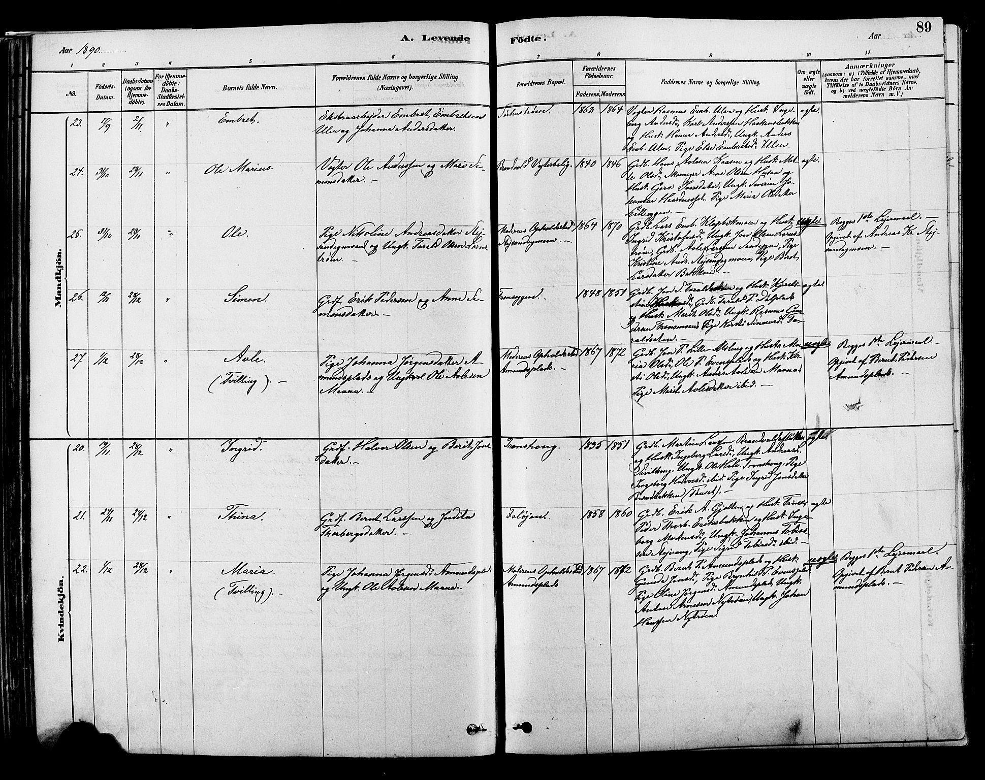 Alvdal prestekontor, SAH/PREST-060/H/Ha/Hab/L0003: Parish register (copy) no. 3, 1878-1907, p. 89