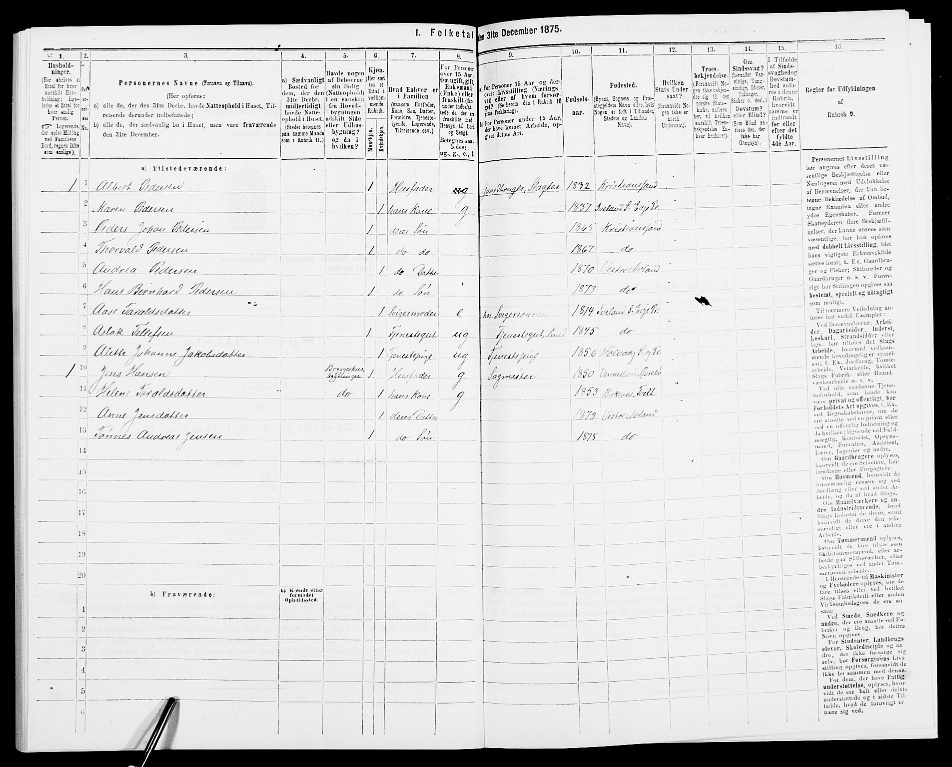 SAK, 1875 census for 0926L Vestre Moland/Vestre Moland, 1875, p. 272