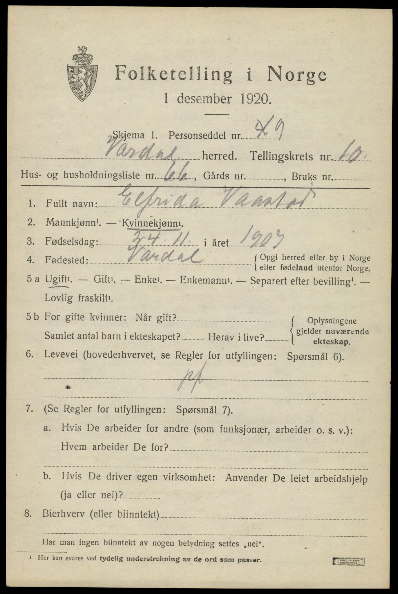 SAH, 1920 census for Vardal, 1920, p. 9609
