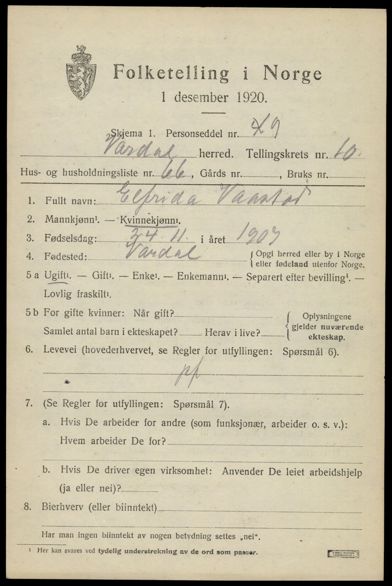 SAH, 1920 census for Vardal, 1920, p. 9609