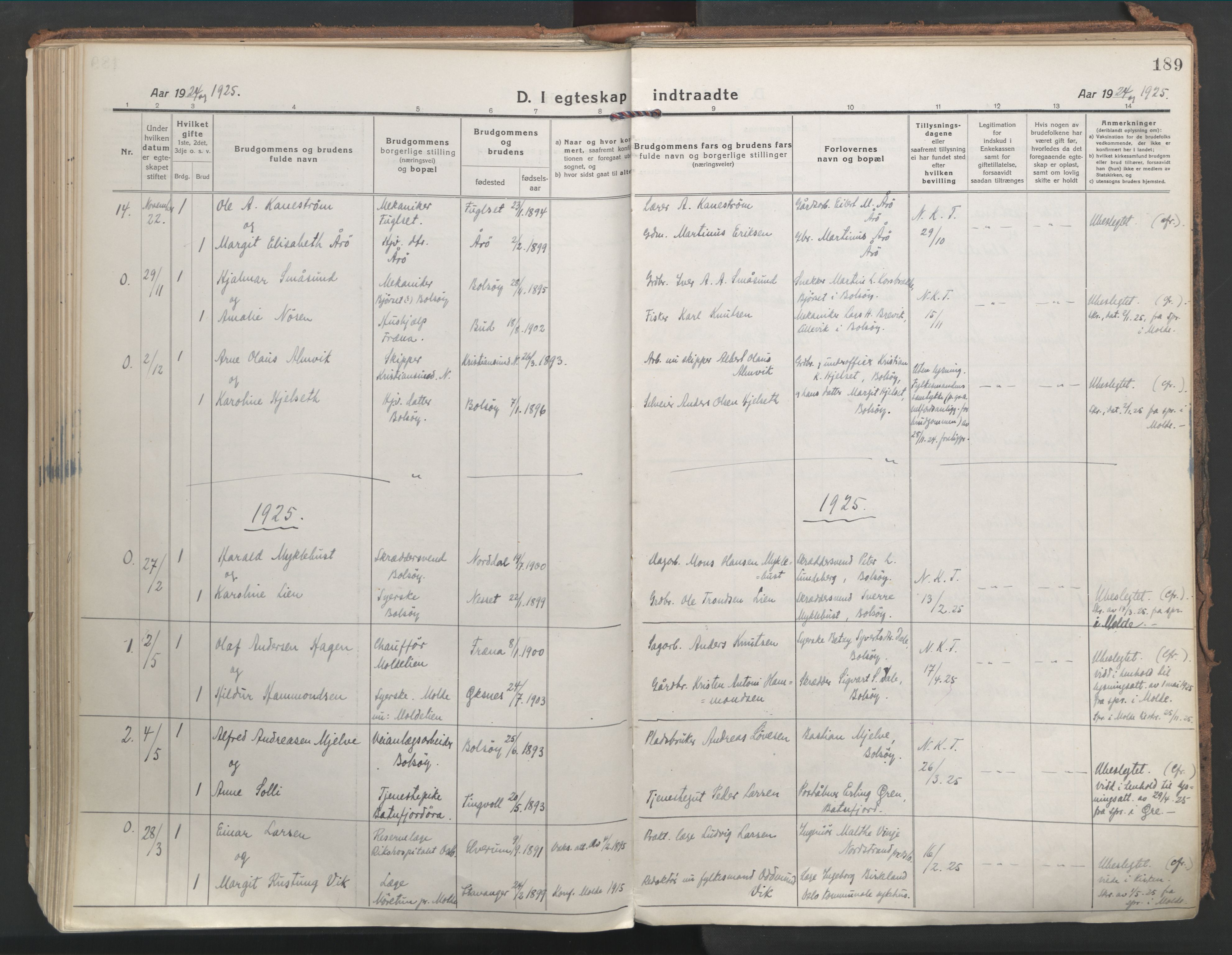 Ministerialprotokoller, klokkerbøker og fødselsregistre - Møre og Romsdal, SAT/A-1454/555/L0659: Parish register (official) no. 555A10, 1917-1971, p. 189