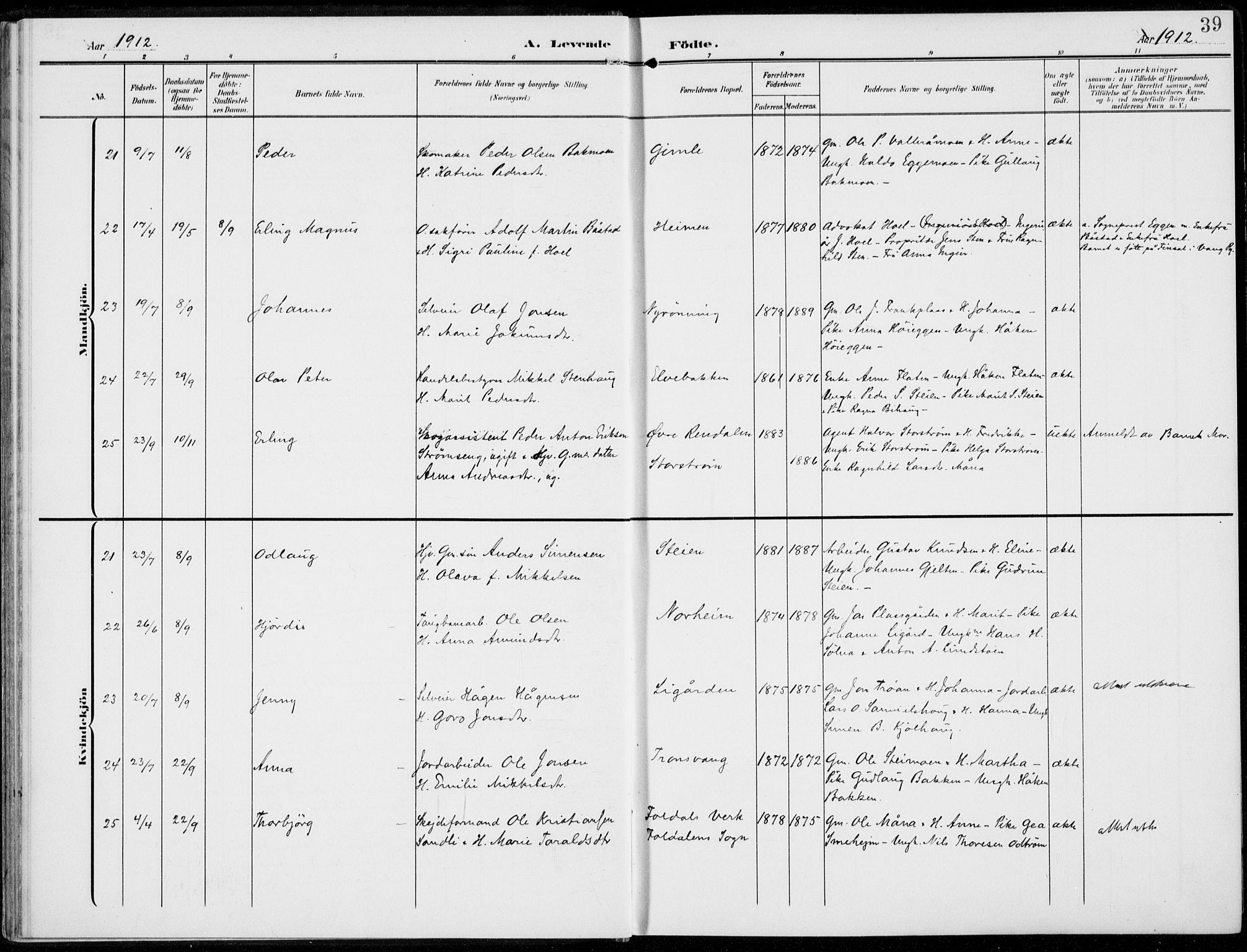 Alvdal prestekontor, AV/SAH-PREST-060/H/Ha/Haa/L0004: Parish register (official) no. 4, 1907-1919, p. 39