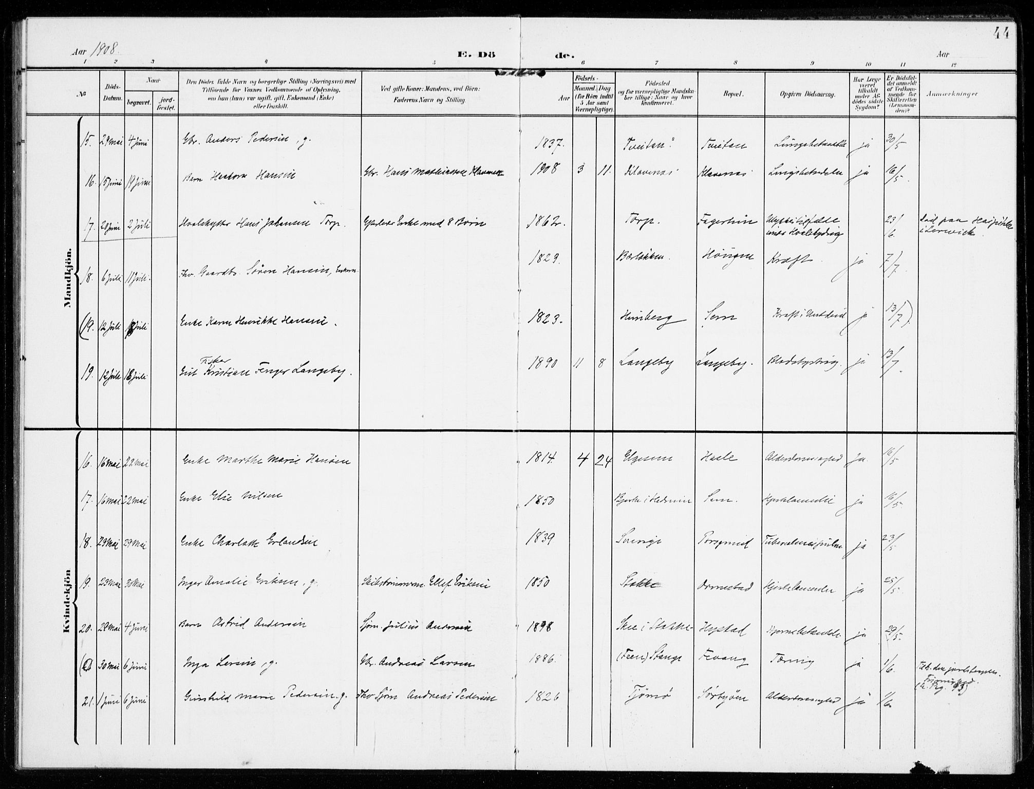 Sandar kirkebøker, AV/SAKO-A-243/F/Fa/L0019: Parish register (official) no. 19, 1908-1914, p. 44