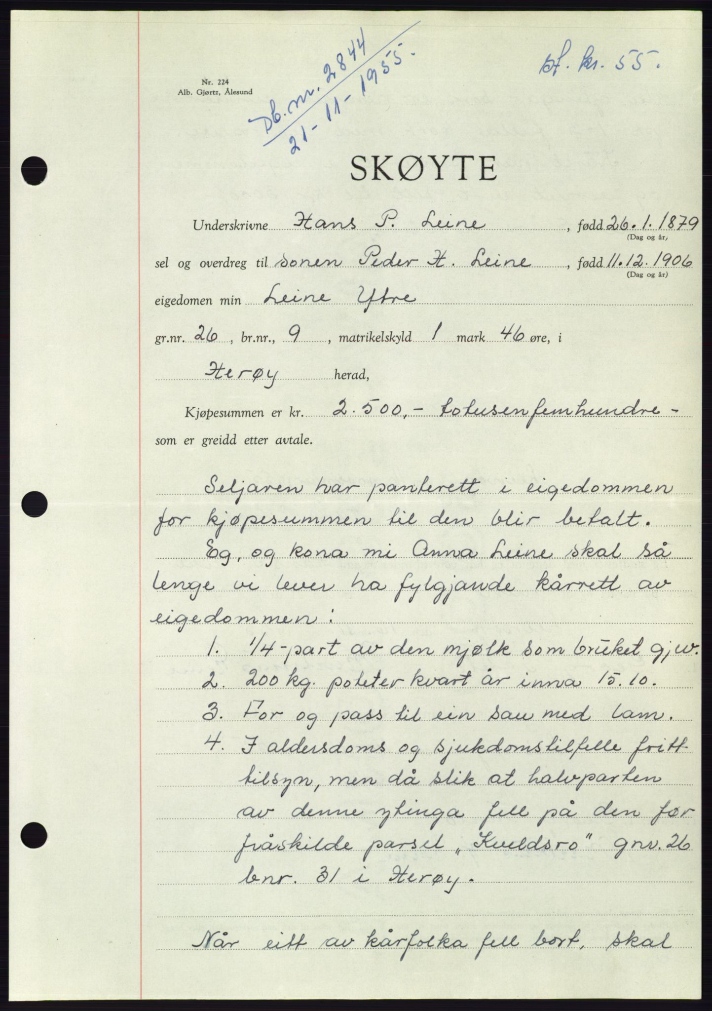 Søre Sunnmøre sorenskriveri, AV/SAT-A-4122/1/2/2C/L0102: Mortgage book no. 28A, 1955-1956, Diary no: : 2844/1955