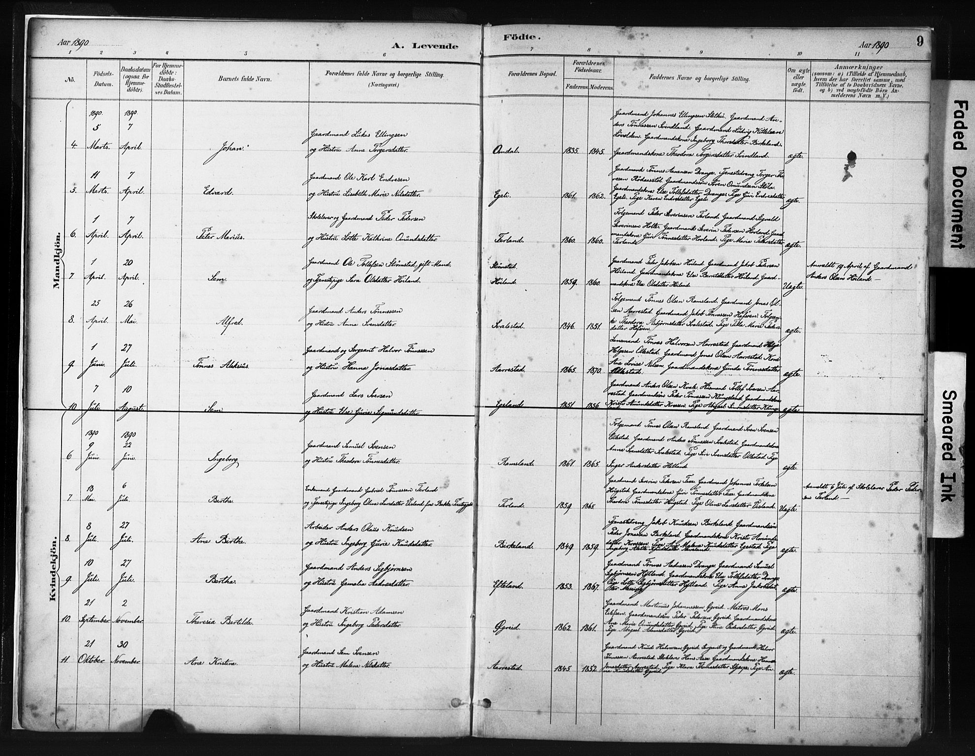Helleland sokneprestkontor, AV/SAST-A-101810/S05/L0011: Parish register (official) no. A 8, 1887-1907, p. 9