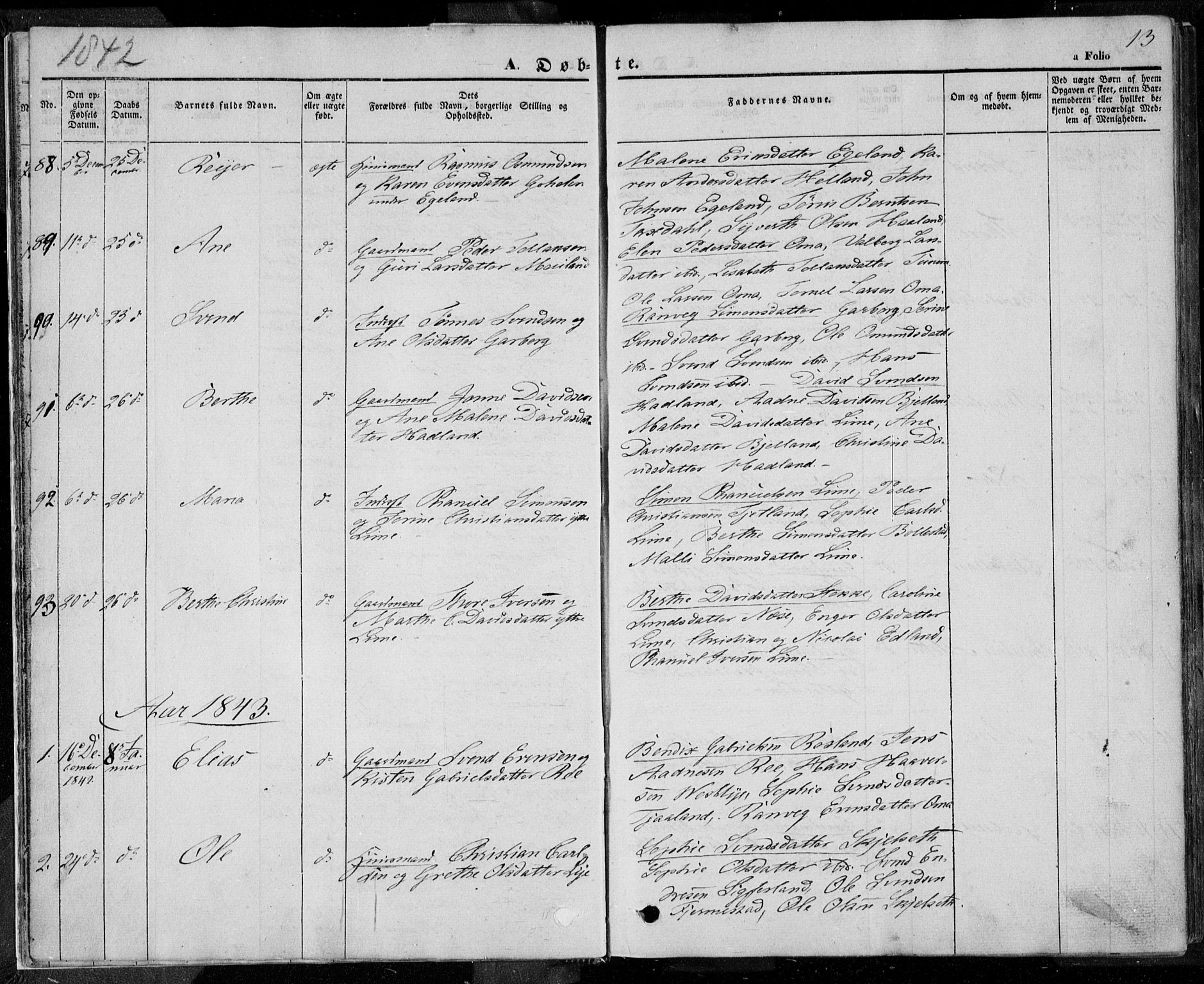 Lye sokneprestkontor, SAST/A-101794/001/30BA/L0005: Parish register (official) no. A 5.1, 1842-1855, p. 13