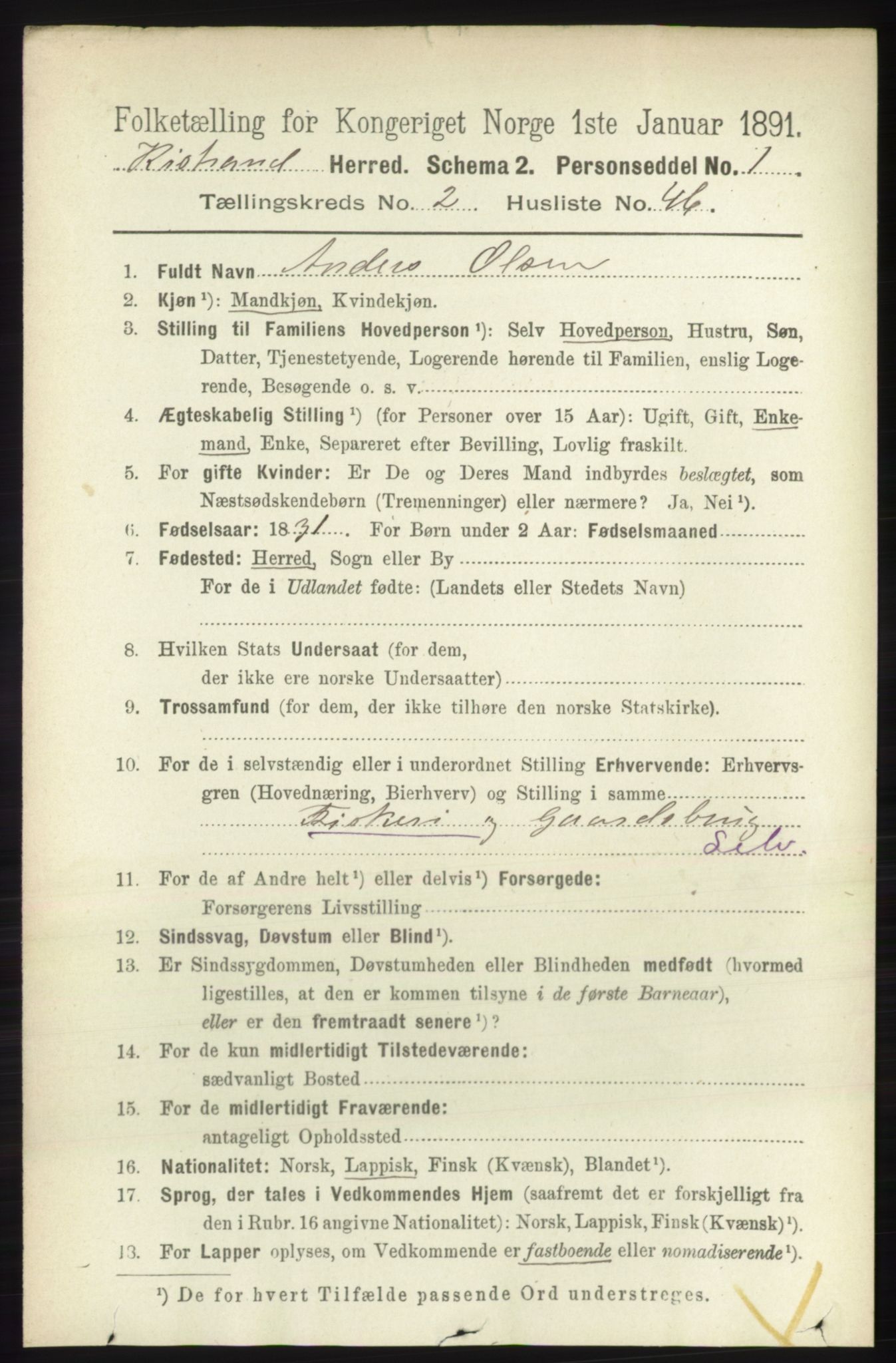 RA, 1891 census for 2020 Kistrand, 1891, p. 850