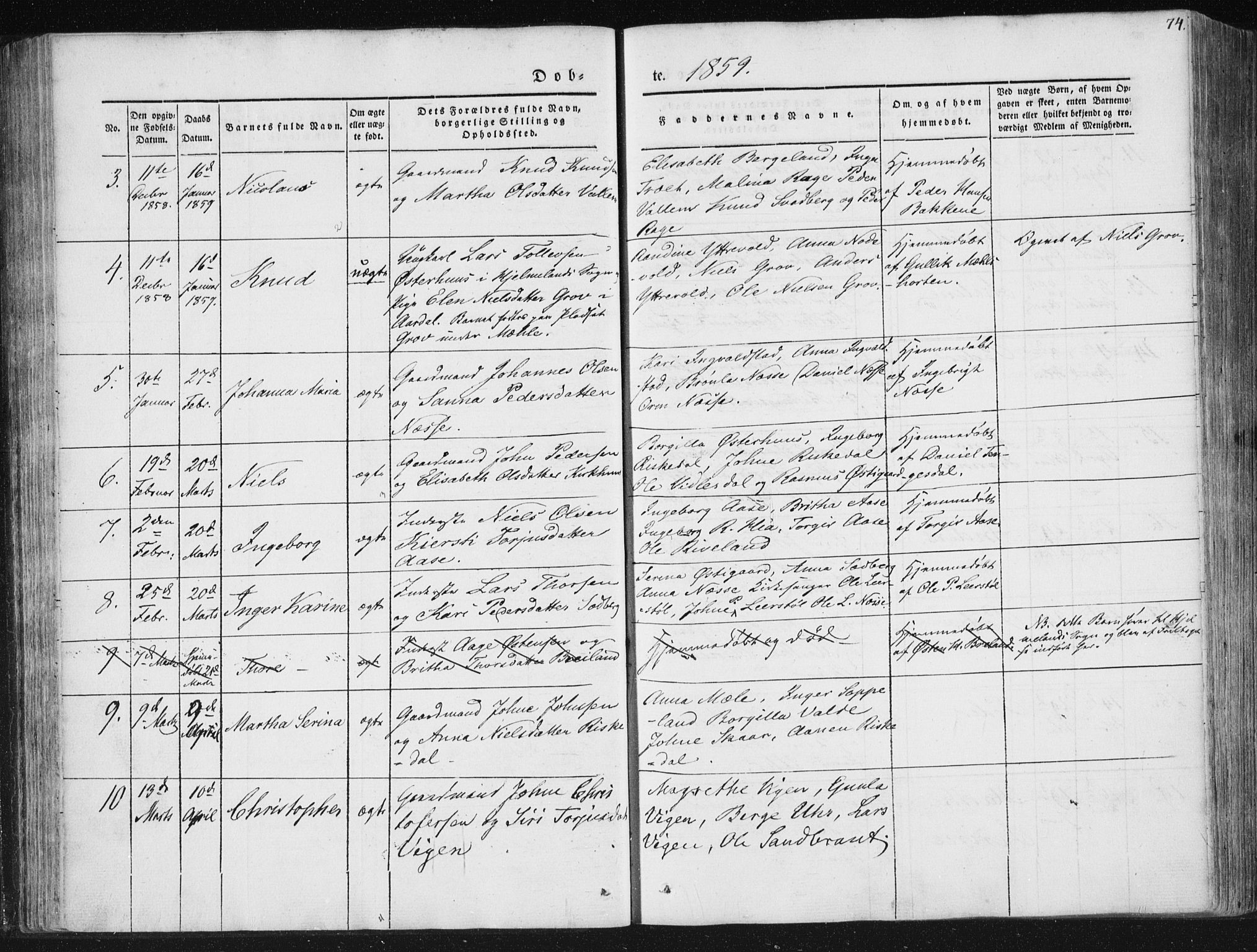 Hjelmeland sokneprestkontor, AV/SAST-A-101843/01/IV/L0008: Parish register (official) no. A 8, 1842-1861, p. 74