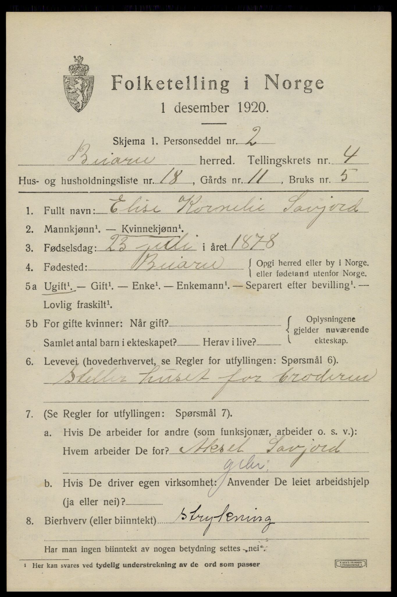 SAT, 1920 census for Beiarn, 1920, p. 1888