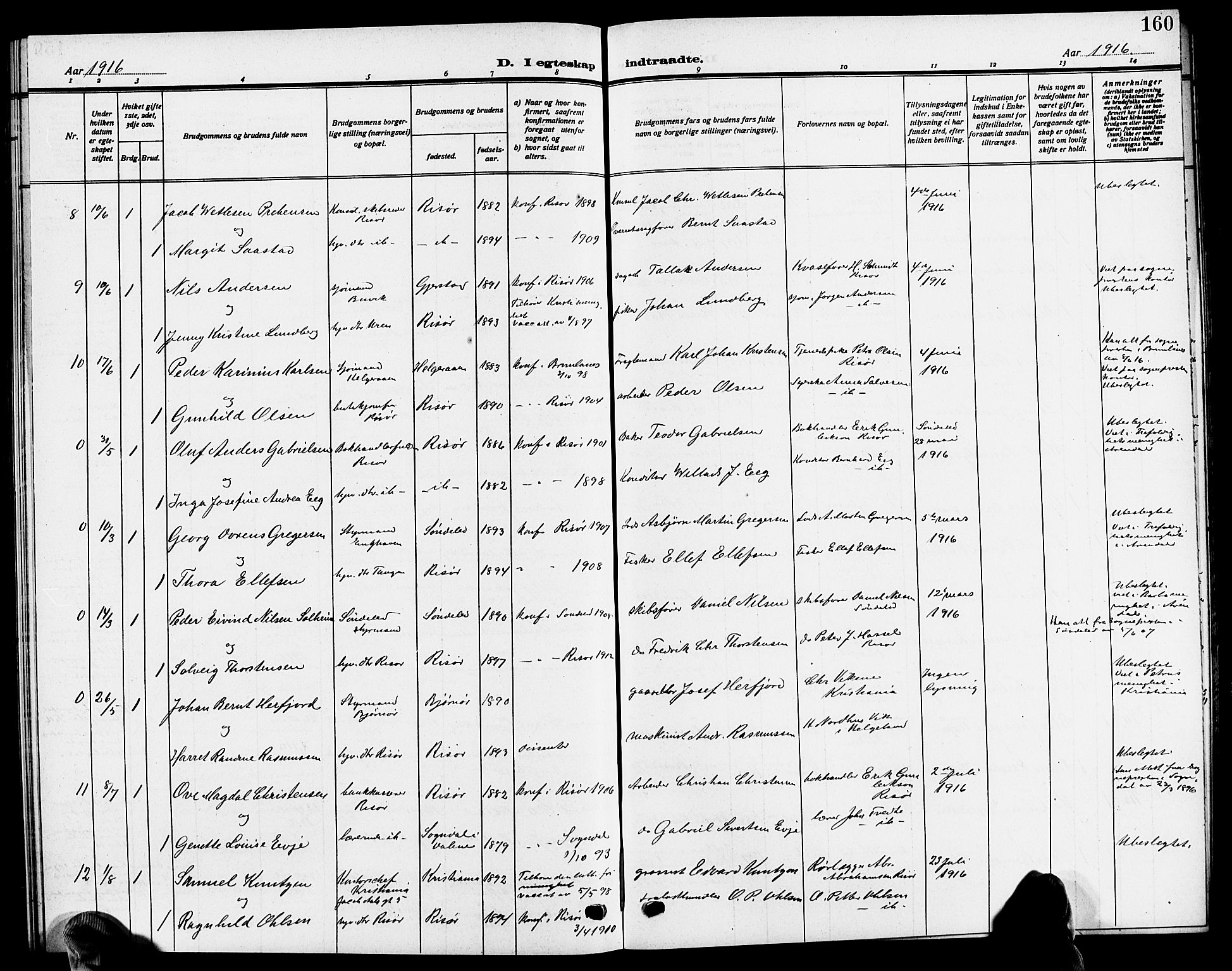 Risør sokneprestkontor, SAK/1111-0035/F/Fb/L0008: Parish register (copy) no. B 8, 1909-1921, p. 160