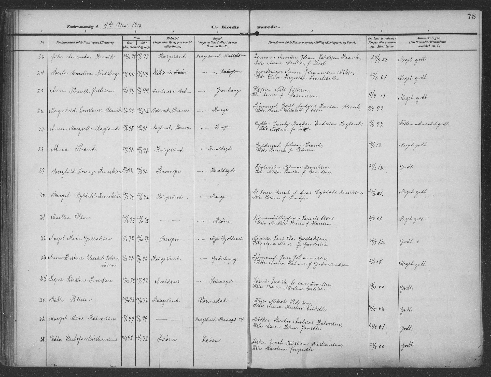 Haugesund sokneprestkontor, AV/SAST-A -101863/H/Ha/Haa/L0007: Parish register (official) no. A 7, 1904-1916, p. 78