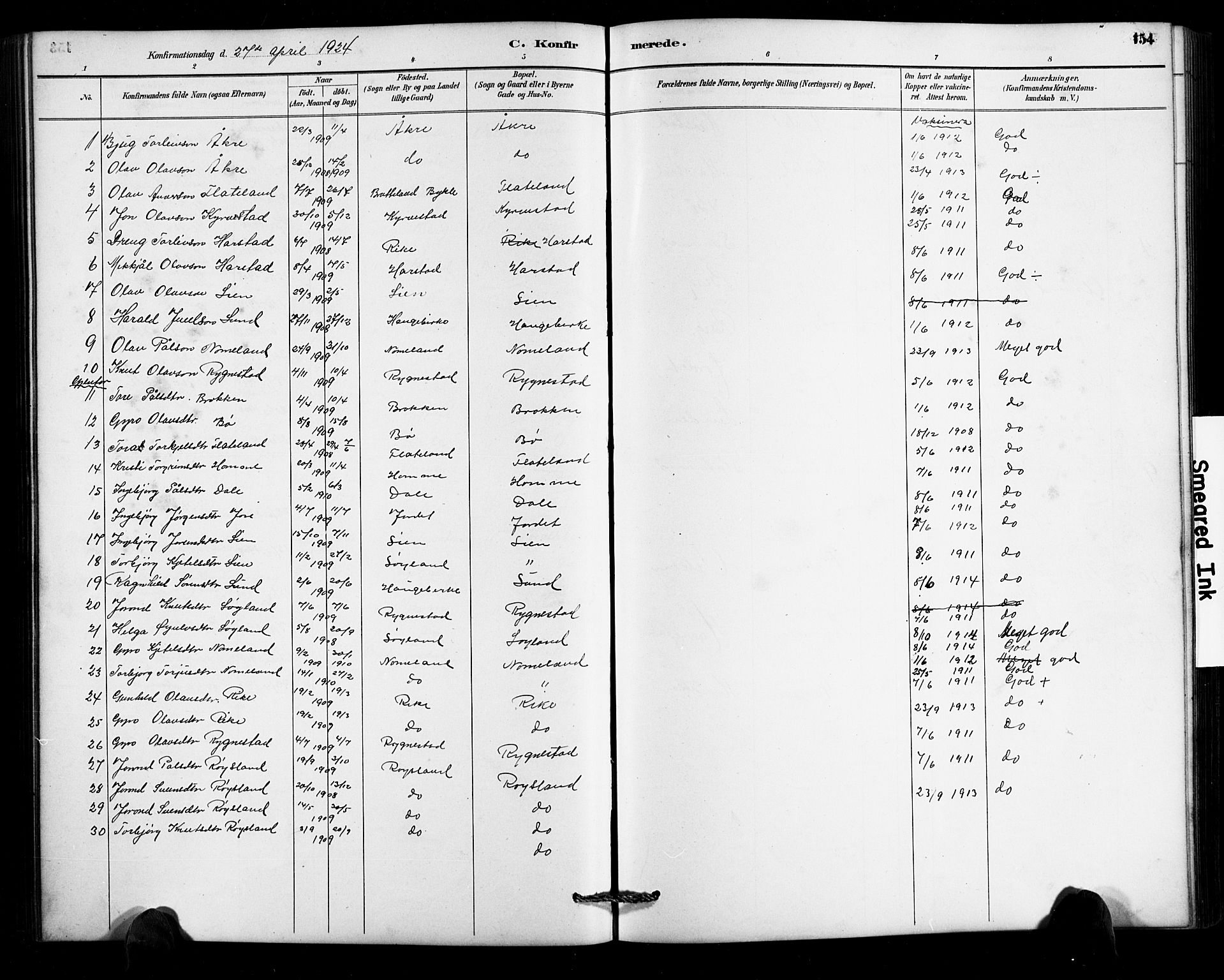 Valle sokneprestkontor, SAK/1111-0044/F/Fb/Fbc/L0004: Parish register (copy) no. B 4, 1890-1928, p. 154