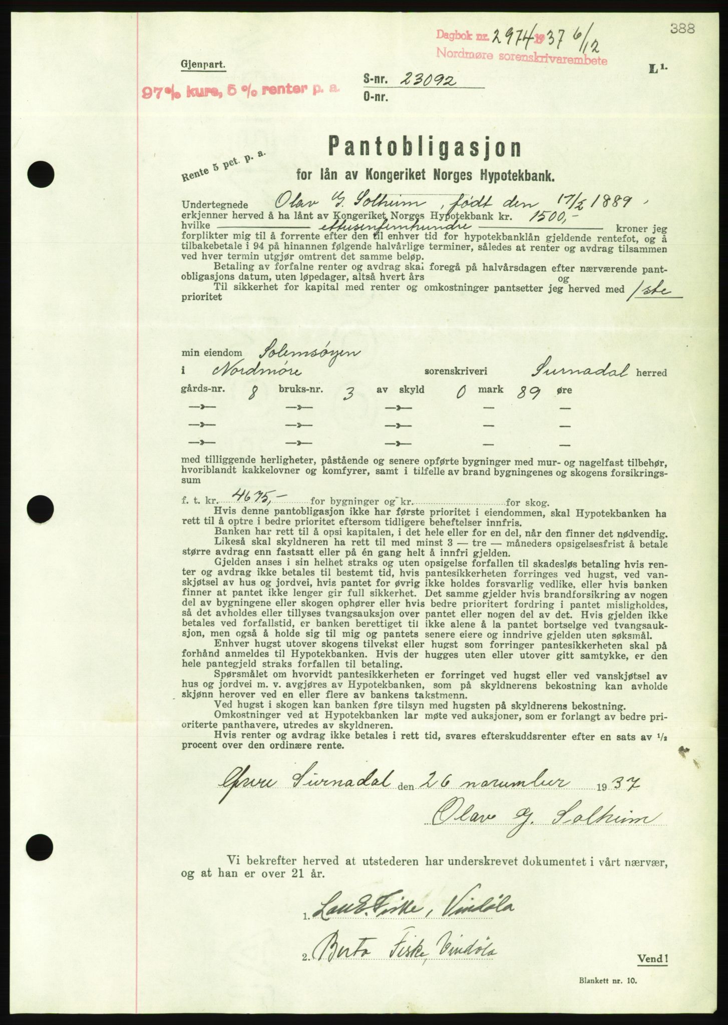 Nordmøre sorenskriveri, AV/SAT-A-4132/1/2/2Ca/L0092: Mortgage book no. B82, 1937-1938, Diary no: : 2974/1937