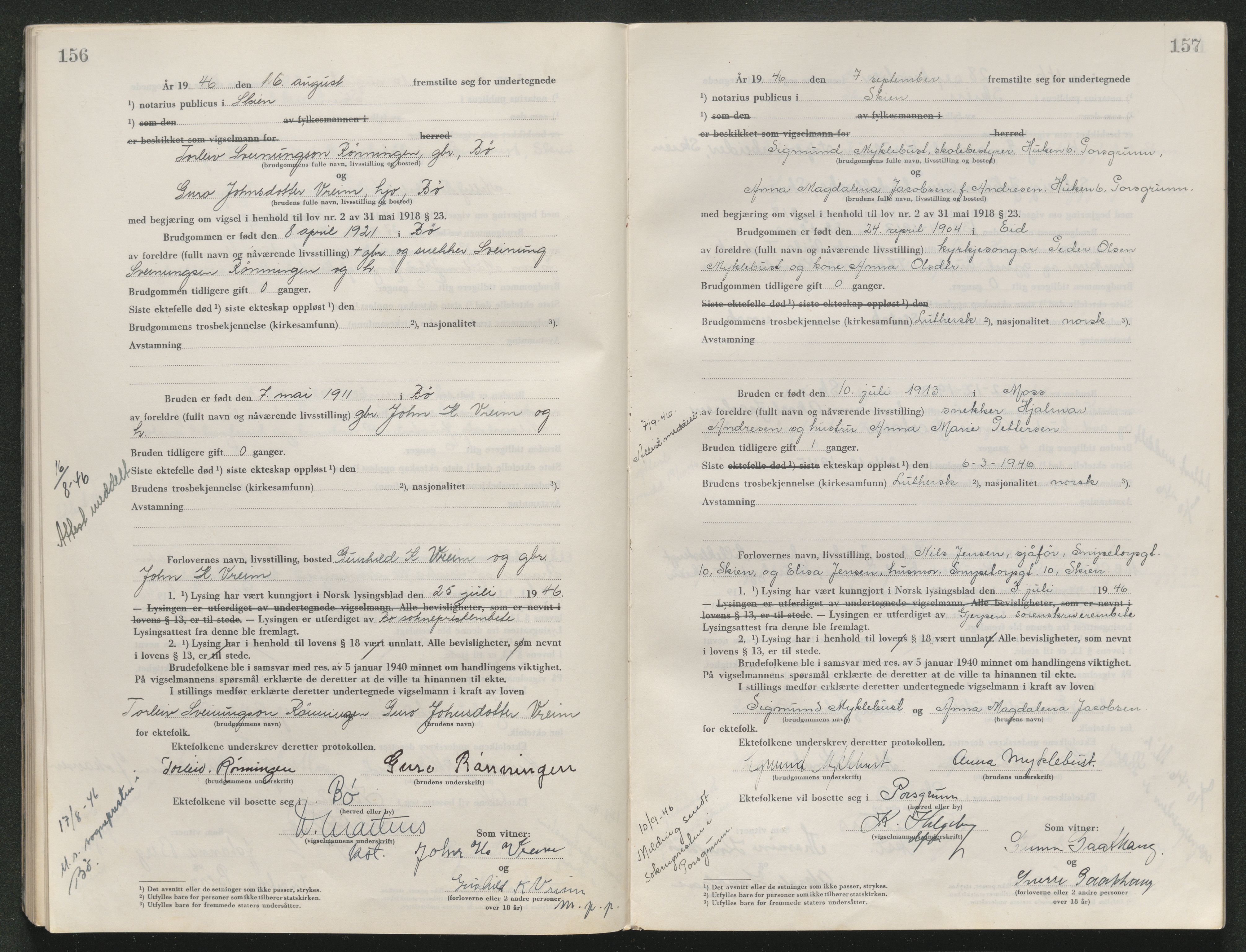 Skien sorenskriveri, AV/SAKO-A-225/L/La/L0001: Vigselsprotokoll, 1920-1947, p. 156-157