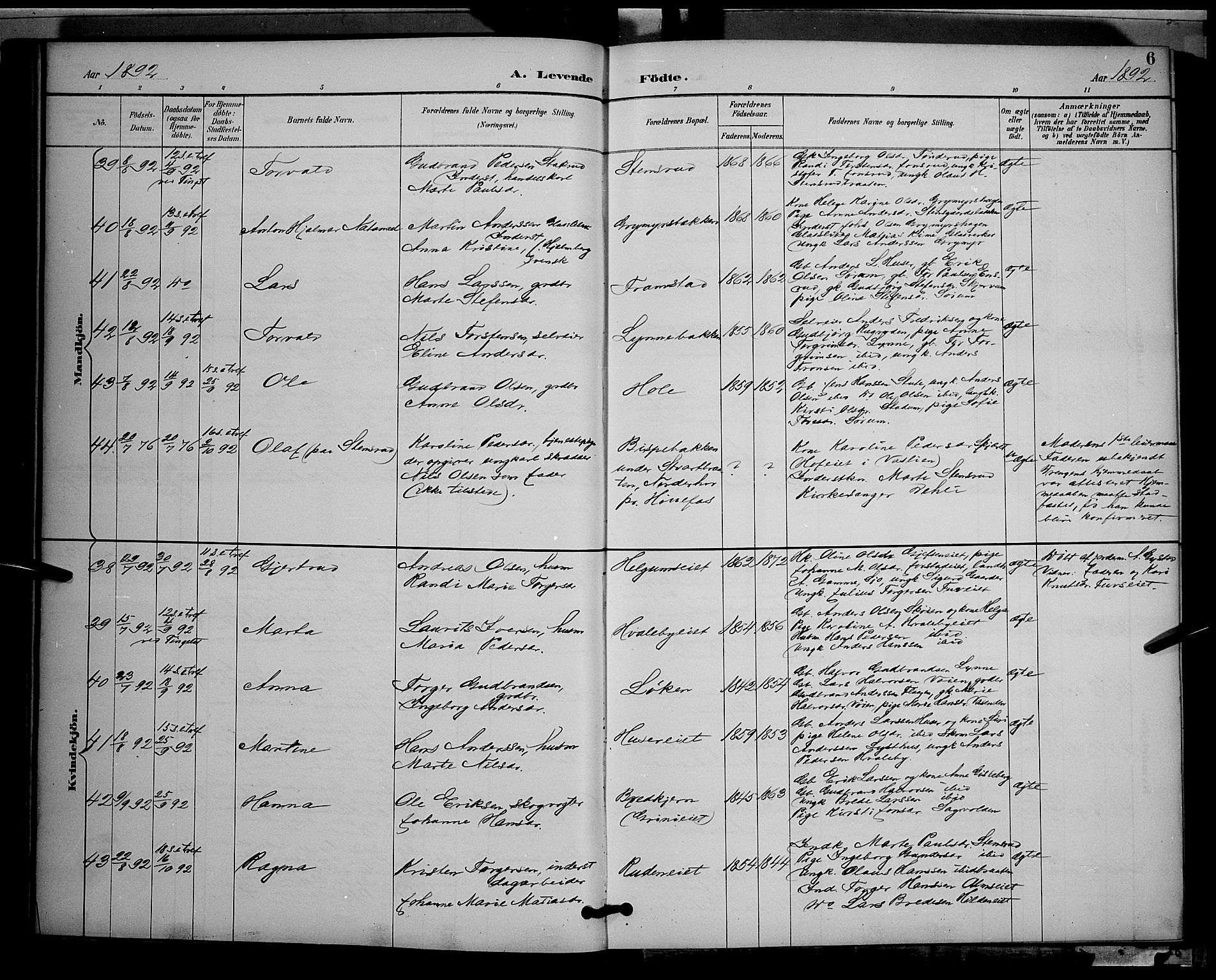 Gran prestekontor, AV/SAH-PREST-112/H/Ha/Hab/L0005: Parish register (copy) no. 5, 1892-1900, p. 6