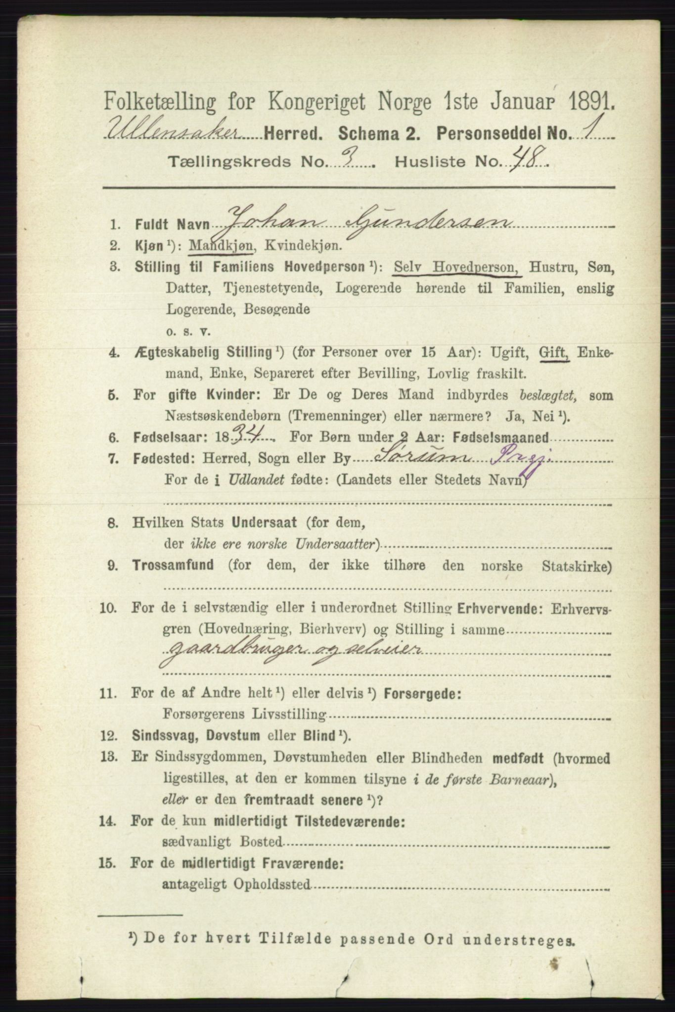 RA, 1891 census for 0235 Ullensaker, 1891, p. 1398