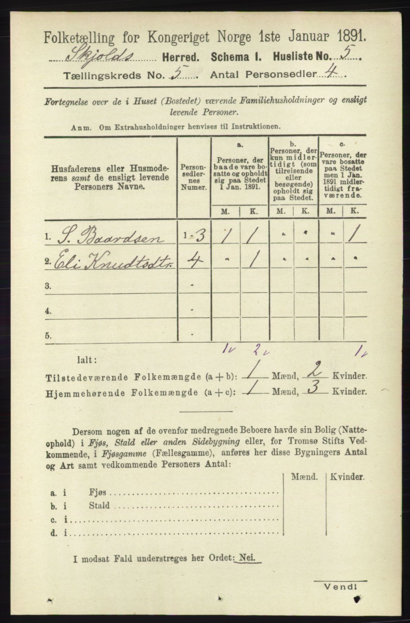 RA, 1891 census for 1154 Skjold, 1891, p. 733