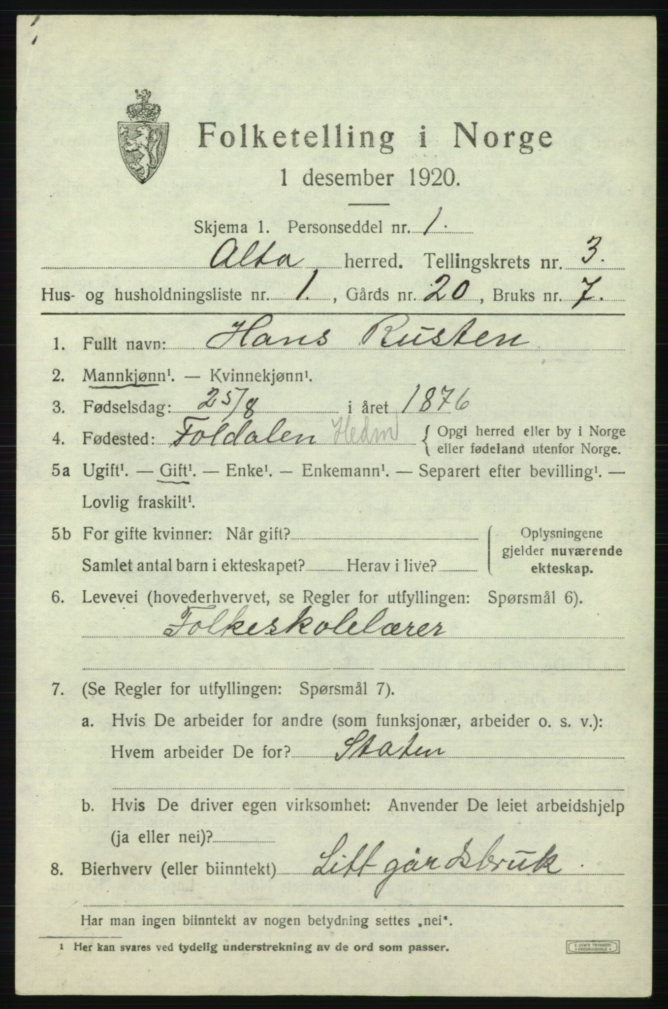 SATØ, 1920 census for Alta, 1920, p. 2273