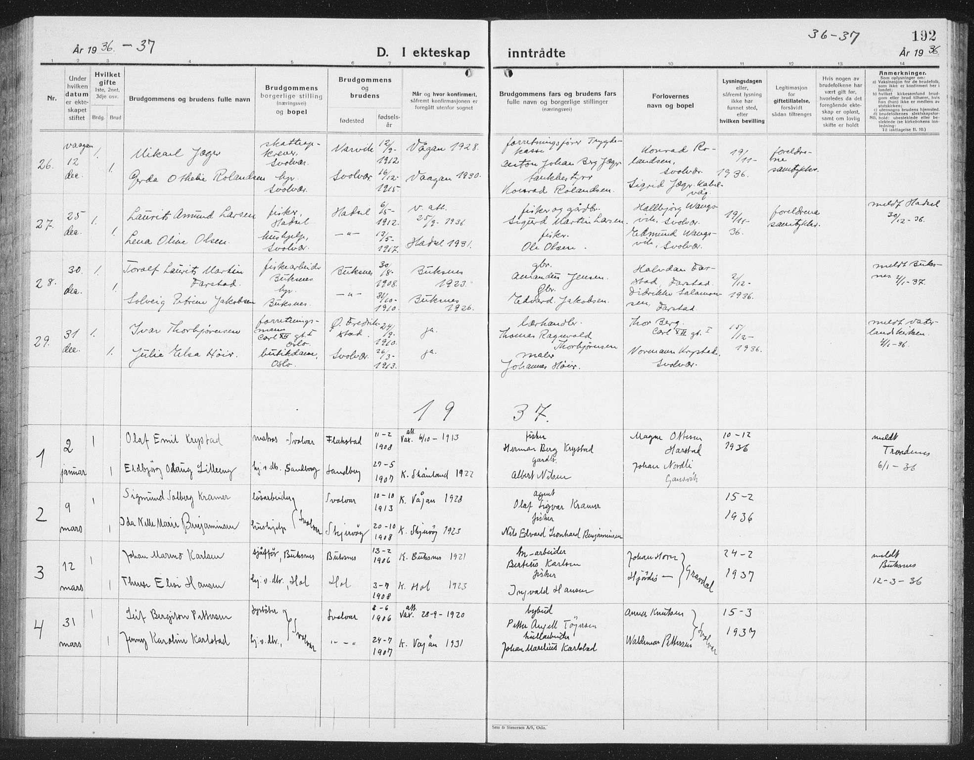 Ministerialprotokoller, klokkerbøker og fødselsregistre - Nordland, AV/SAT-A-1459/877/L1117: Parish register (copy) no. 877C01, 1923-1942, p. 192
