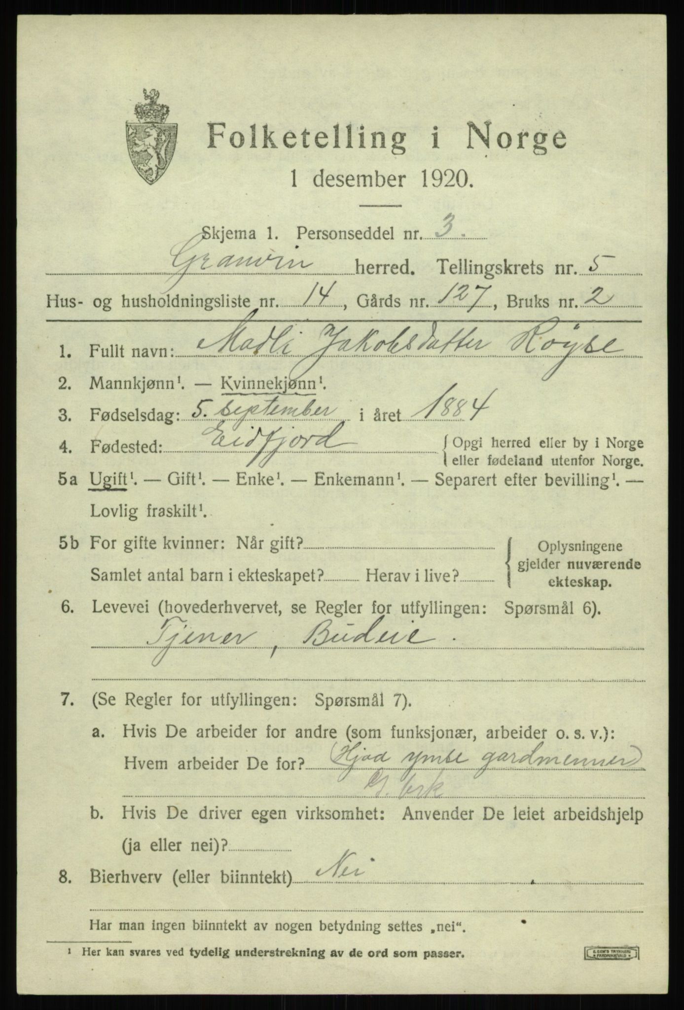 SAB, 1920 census for Granvin, 1920, p. 2522