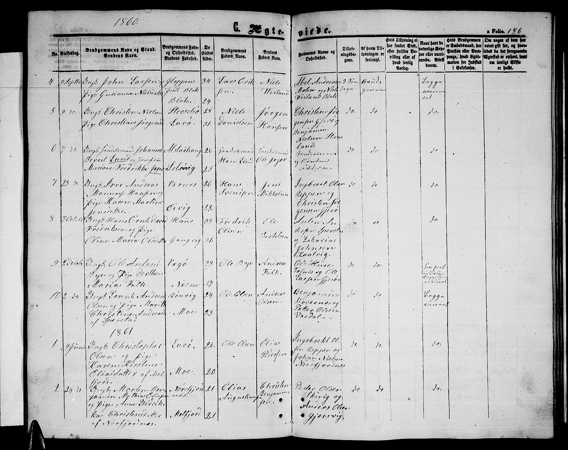 Ministerialprotokoller, klokkerbøker og fødselsregistre - Nordland, SAT/A-1459/841/L0619: Parish register (copy) no. 841C03, 1856-1876, p. 186