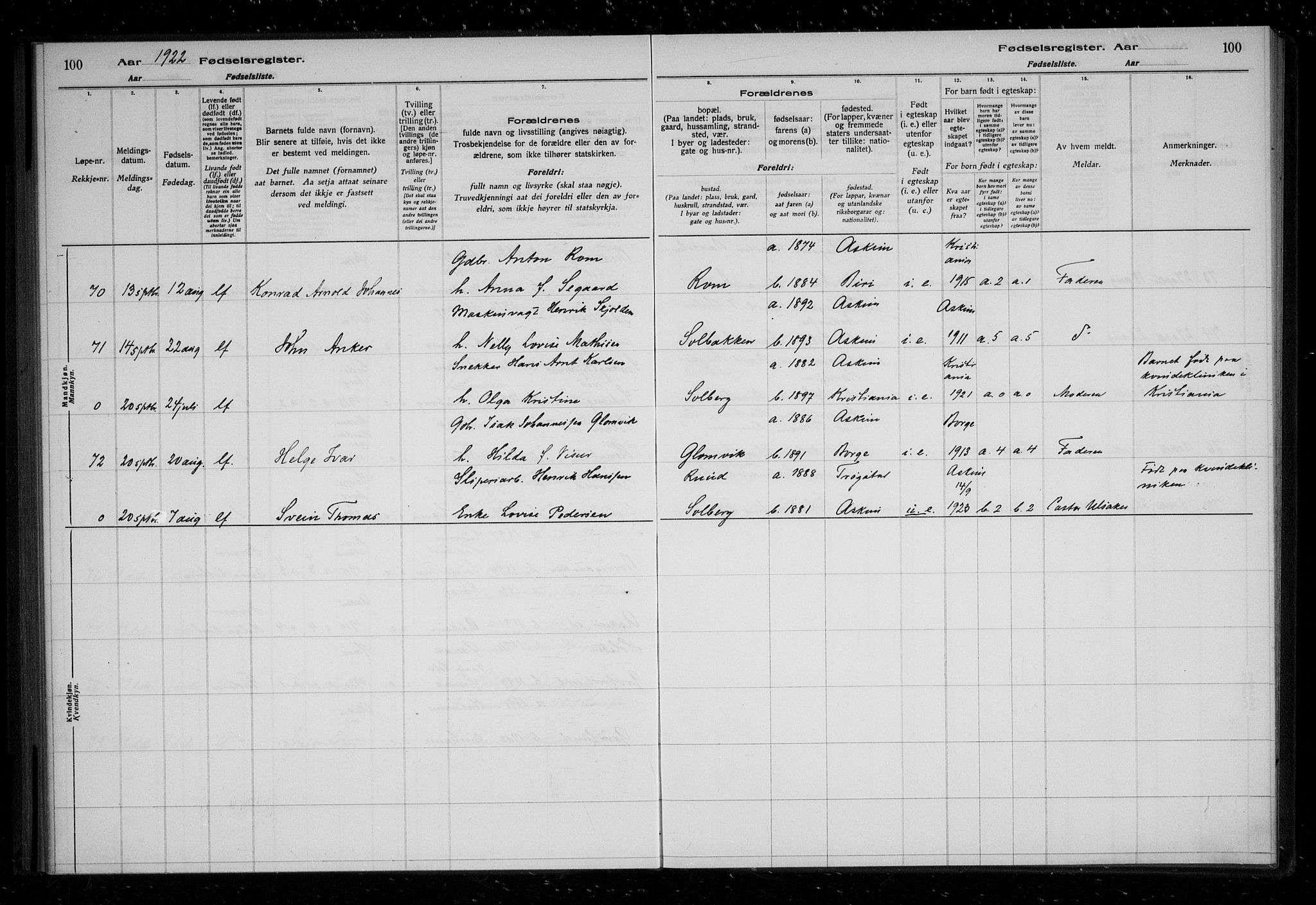 Askim prestekontor Kirkebøker, AV/SAO-A-10900/J/Ja/L0001: Birth register no. 1, 1916-1929, p. 100