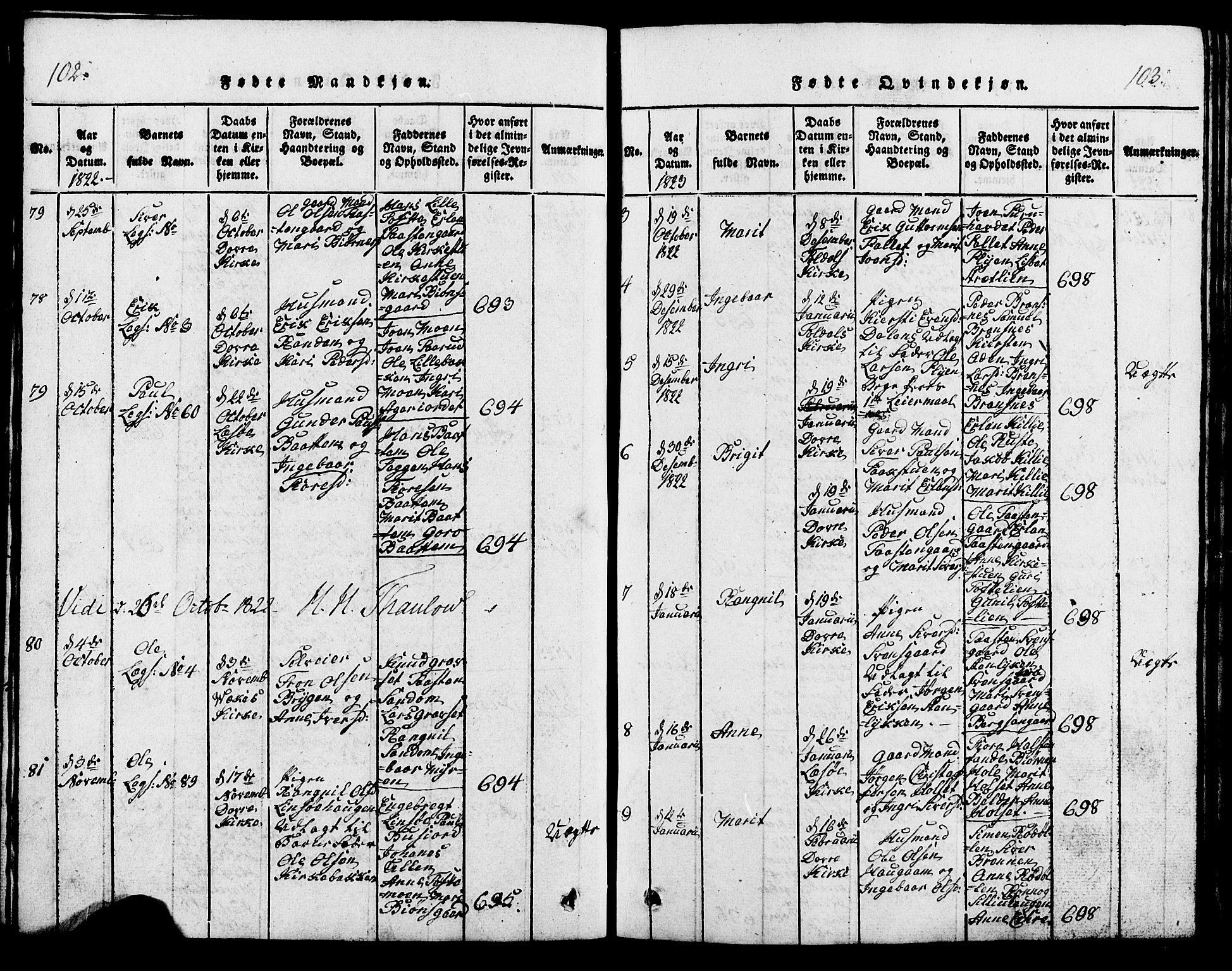 Lesja prestekontor, SAH/PREST-068/H/Ha/Hab/L0001: Parish register (copy) no. 1, 1820-1831, p. 102-103