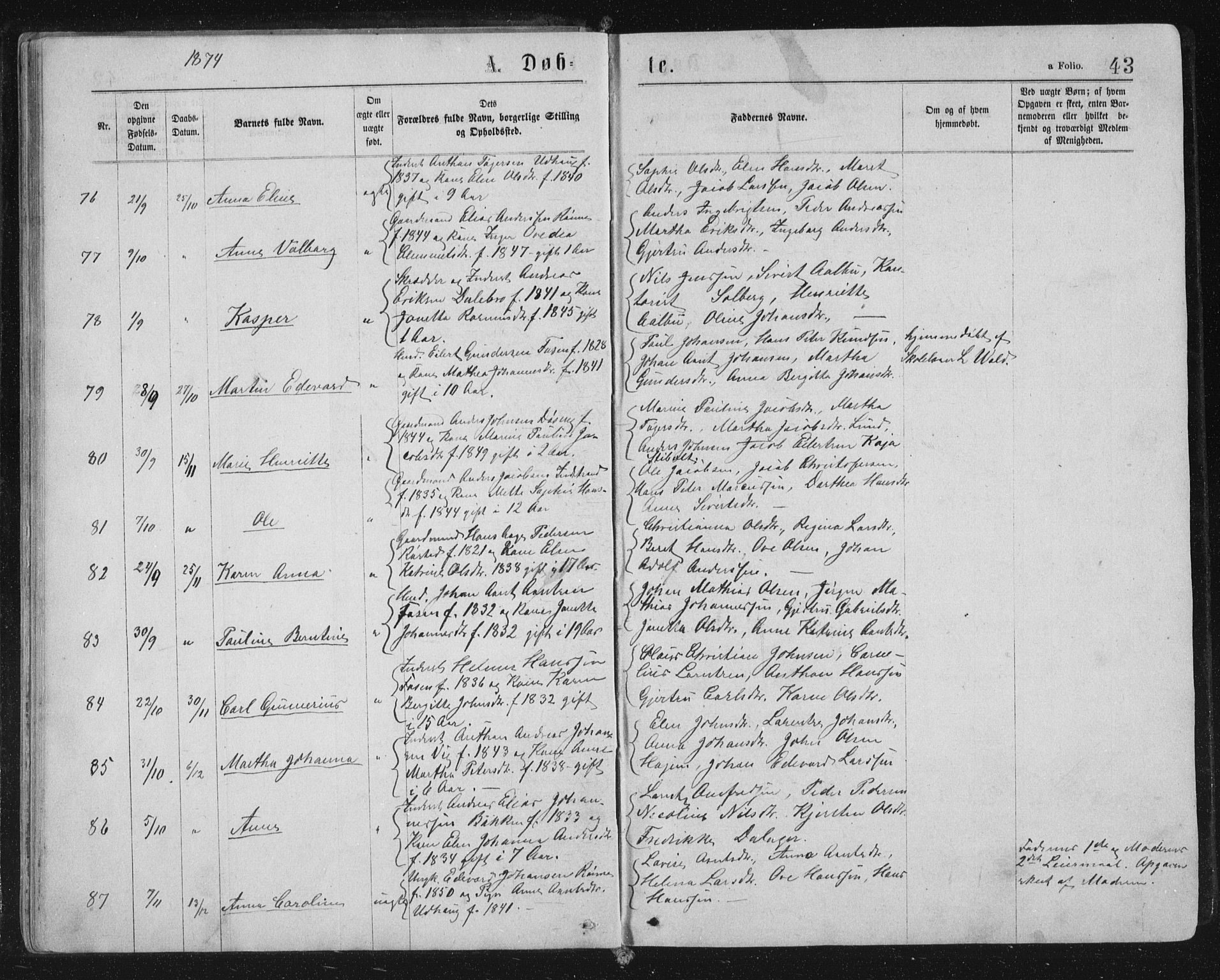 Ministerialprotokoller, klokkerbøker og fødselsregistre - Sør-Trøndelag, SAT/A-1456/659/L0745: Parish register (copy) no. 659C02, 1869-1892, p. 43