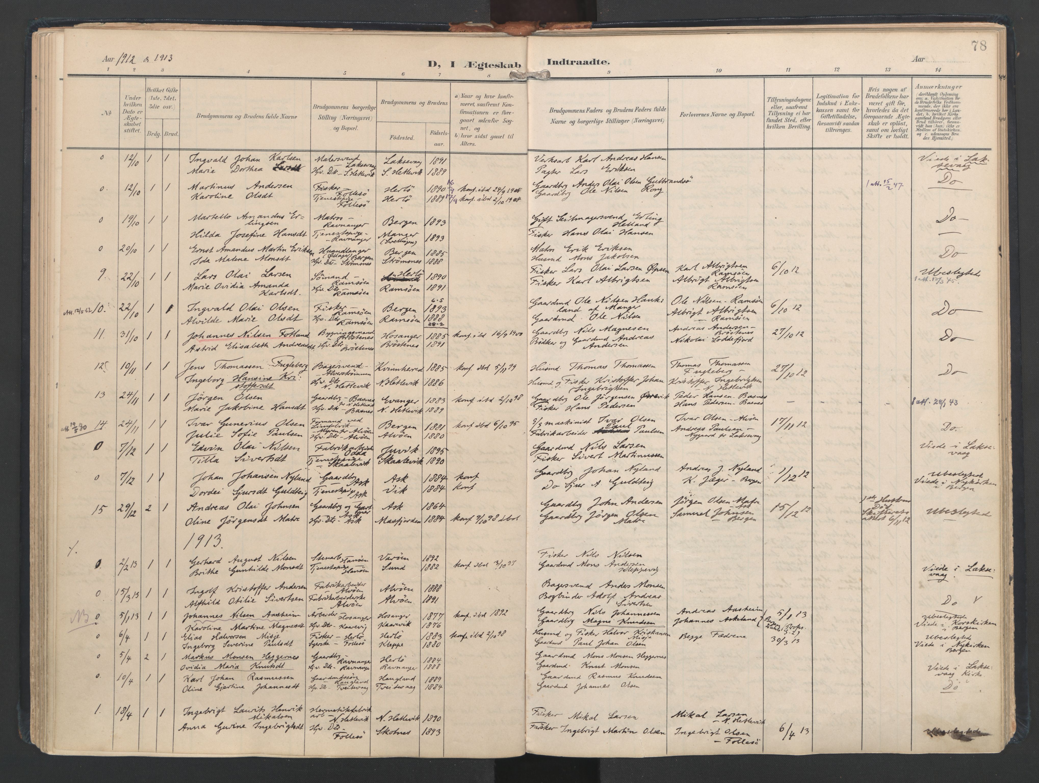 Askøy Sokneprestembete, AV/SAB-A-74101/H/Ha/Haa/Haad/L0001: Parish register (official) no. D 1, 1902-1916, p. 78