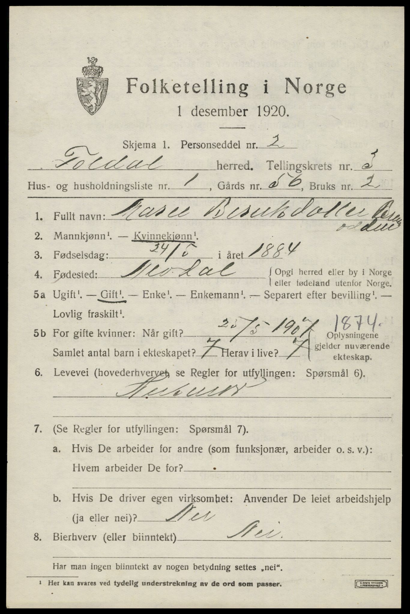 SAH, 1920 census for Folldal, 1920, p. 1449