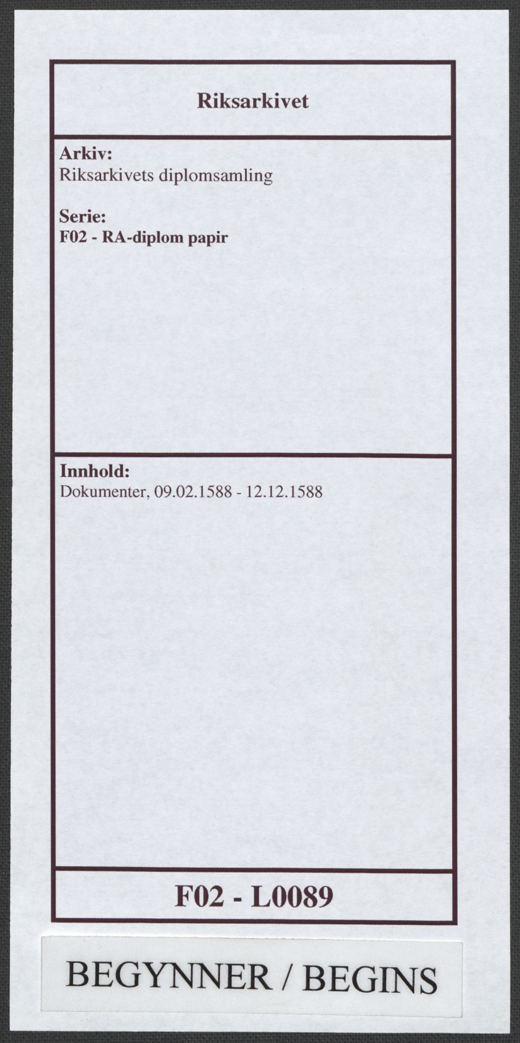 Riksarkivets diplomsamling, RA/EA-5965/F02/L0089: Dokumenter, 1588, p. 1