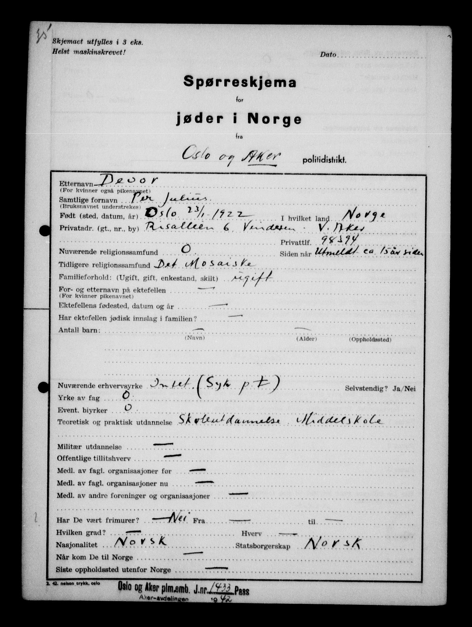 Statspolitiet - Hovedkontoret / Osloavdelingen, AV/RA-S-1329/G/Ga/L0011: Spørreskjema for jøder i Norge. 1: Oslo 610-806 (Plavnik-Zwillinger). 2: Aker 1-113 (Adler-Lewin). , 1942, p. 690