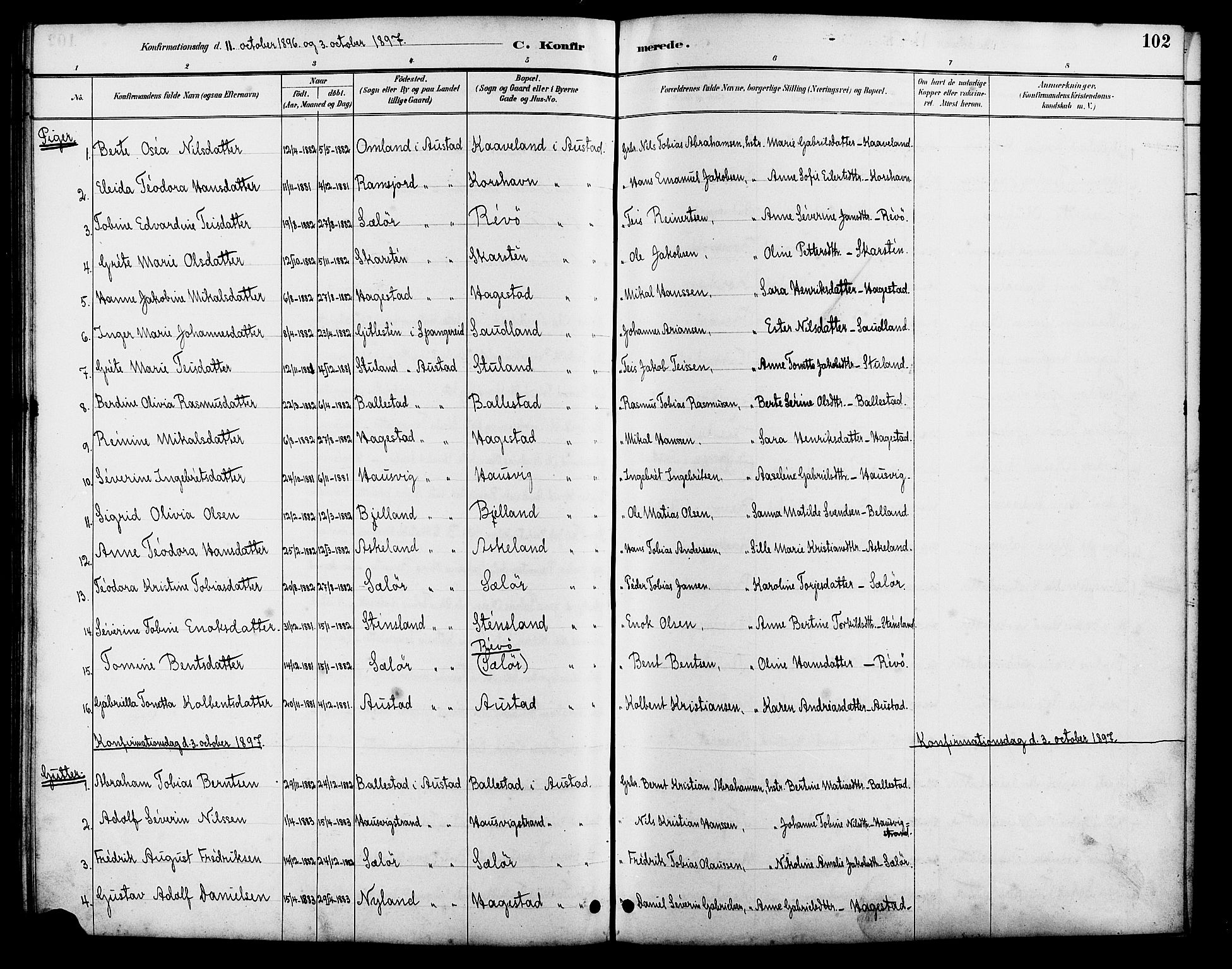 Lyngdal sokneprestkontor, SAK/1111-0029/F/Fb/Fba/L0003: Parish register (copy) no. B 3, 1886-1903, p. 102