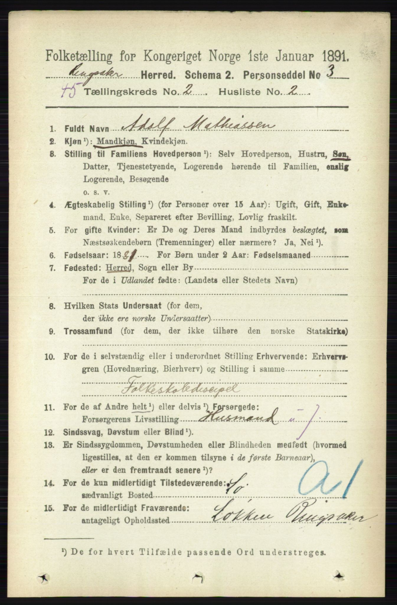 RA, 1891 census for 0412 Ringsaker, 1891, p. 826