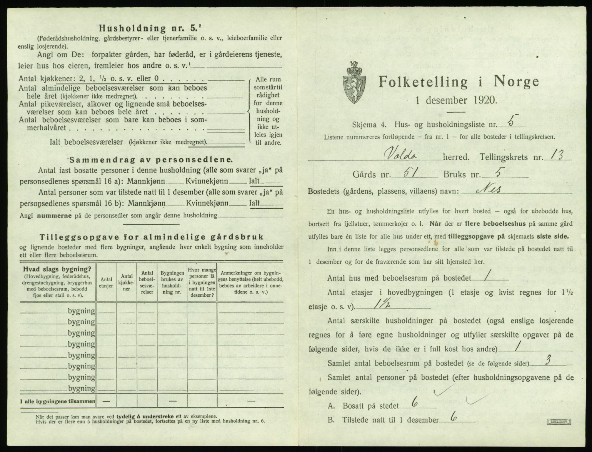 SAT, 1920 census for Volda, 1920, p. 1056